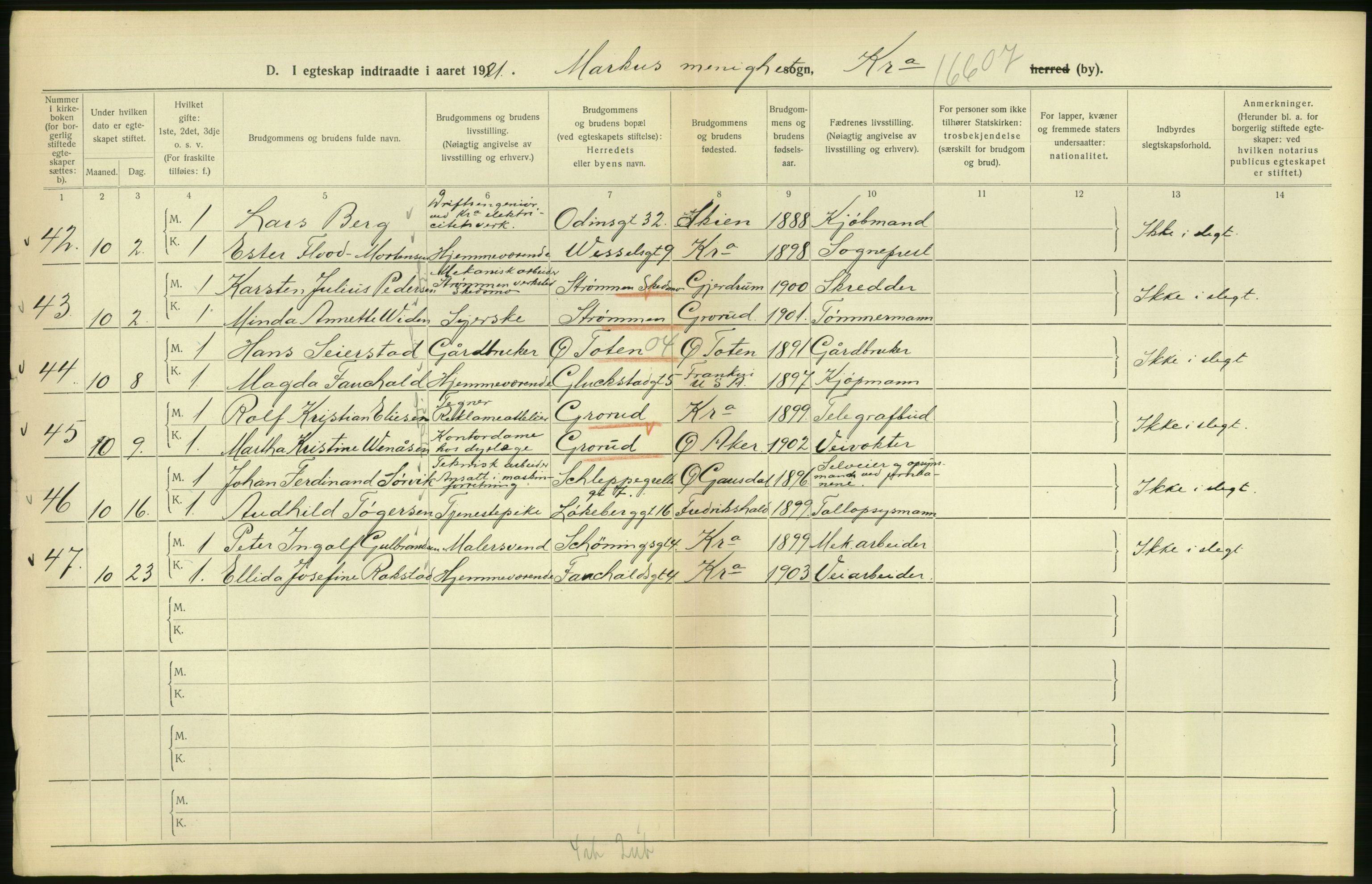 Statistisk sentralbyrå, Sosiodemografiske emner, Befolkning, AV/RA-S-2228/D/Df/Dfc/Dfca/L0011: Kristiania: Gifte, 1921, s. 364