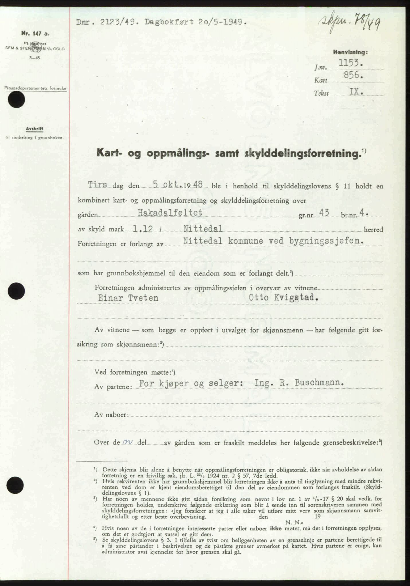 Nedre Romerike sorenskriveri, SAO/A-10469/G/Gb/Gbd/L0025: Pantebok nr. 25, 1949-1949, Dagboknr: 2123/1949