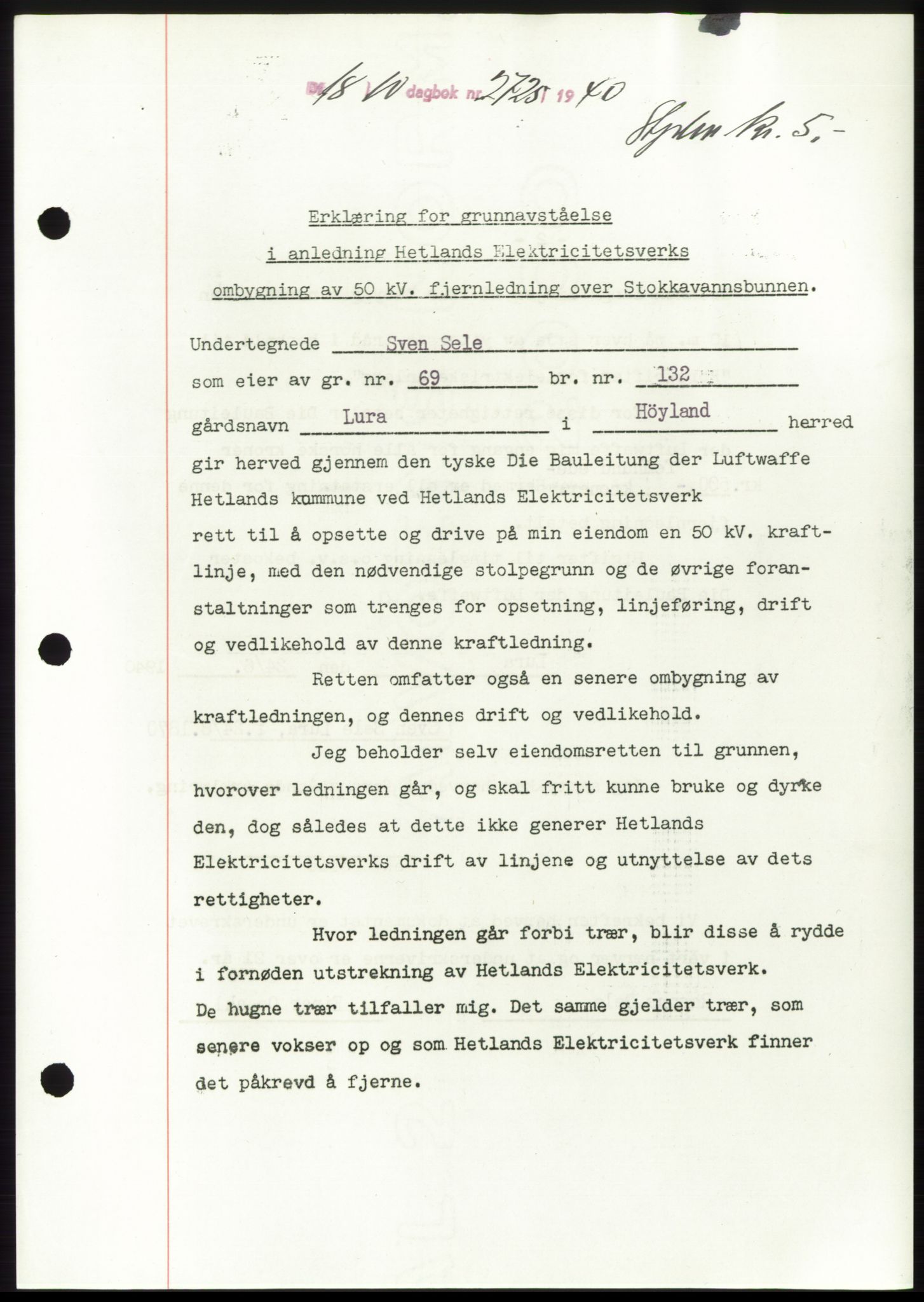 Jæren sorenskriveri, SAST/A-100310/03/G/Gba/L0078: Pantebok, 1940-1940, Dagboknr: 2725/1940