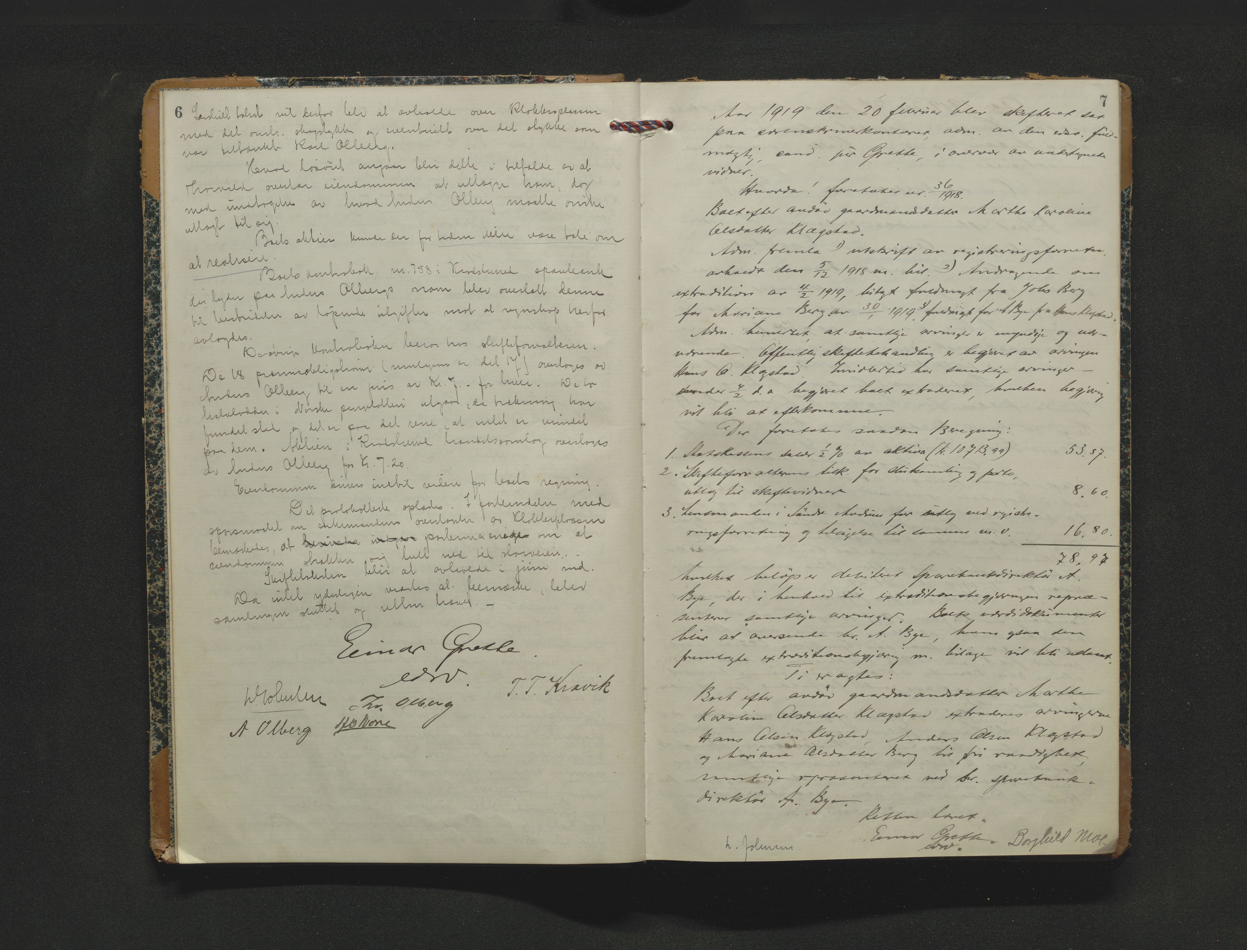 Eiker, Modum og Sigdal sorenskriveri, AV/SAKO-A-123/H/Hb/Hbb/Hbbd/L0009: Registrerings- og forhandlingsprotokoll, 1919-1922, s. 6-7