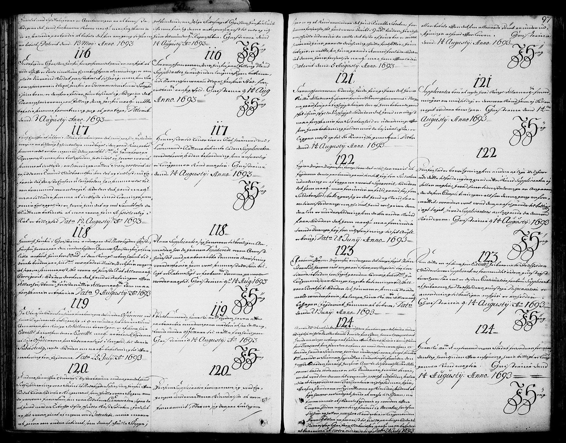 Stattholderembetet 1572-1771, RA/EA-2870/Ad/L0005: Supplikasjons- og resolusjonsprotokoll, 1692-1699, s. 96b-97a
