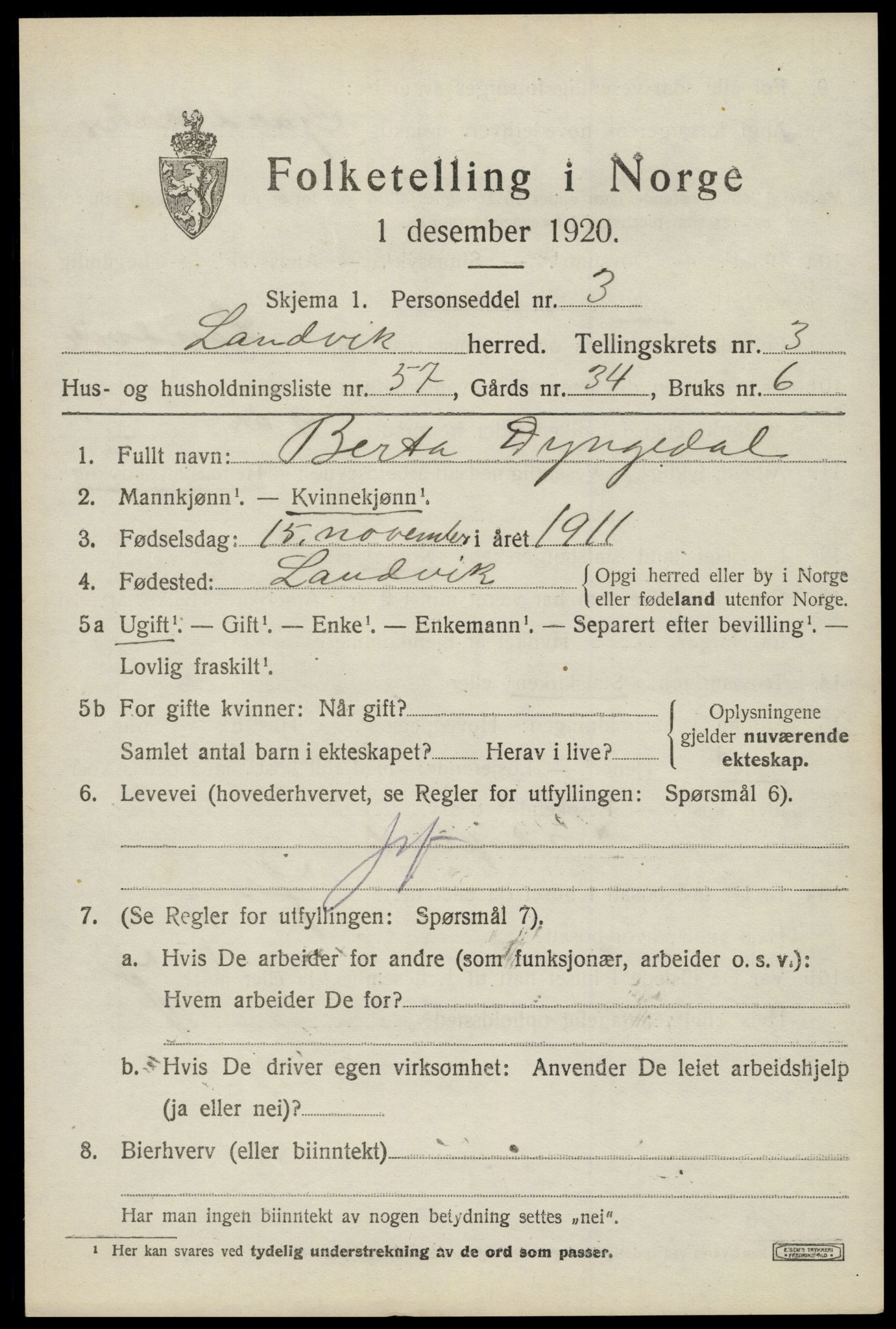 SAK, Folketelling 1920 for 0924 Landvik herred, 1920, s. 3458