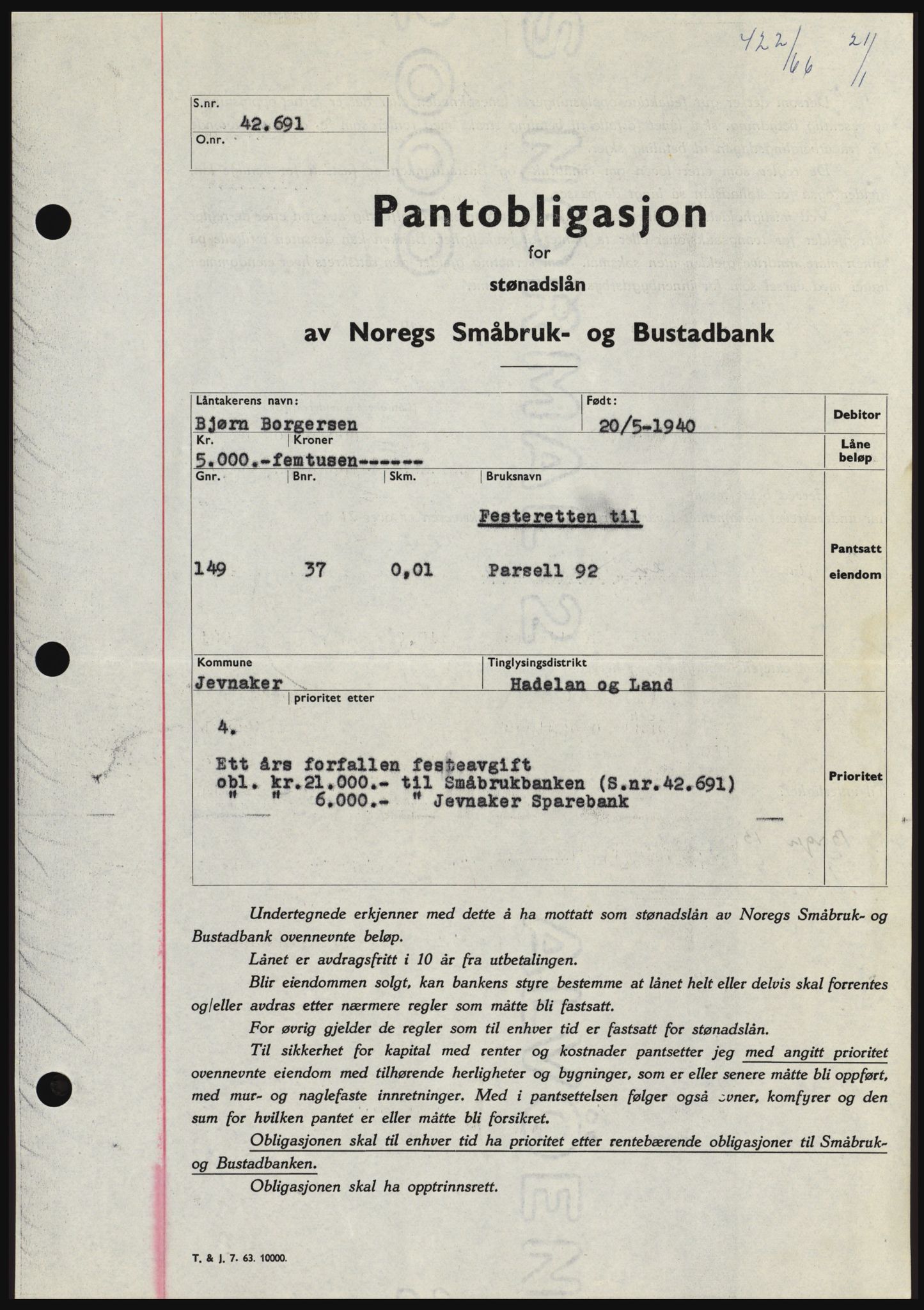 Hadeland og Land tingrett, SAH/TING-010/H/Hb/Hbc/L0061: Pantebok nr. B61, 1965-1966, Dagboknr: 422/1966