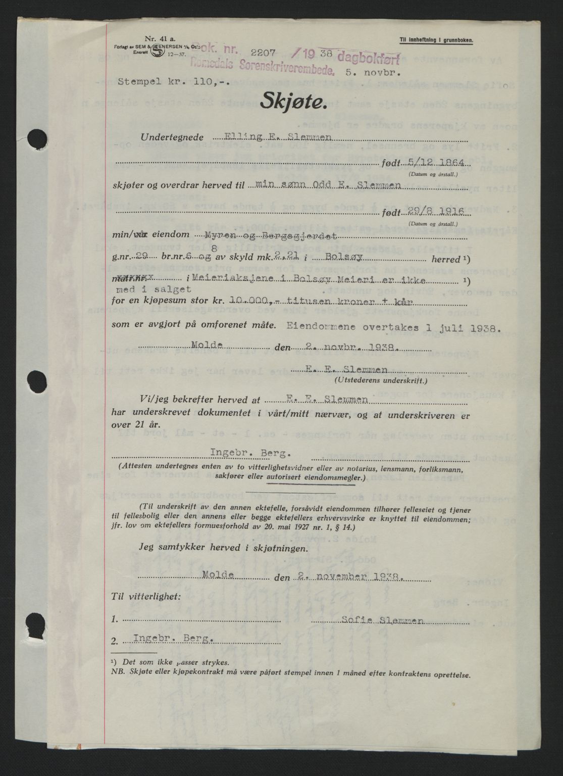 Romsdal sorenskriveri, SAT/A-4149/1/2/2C: Pantebok nr. A5, 1938-1938, Dagboknr: 2207/1938