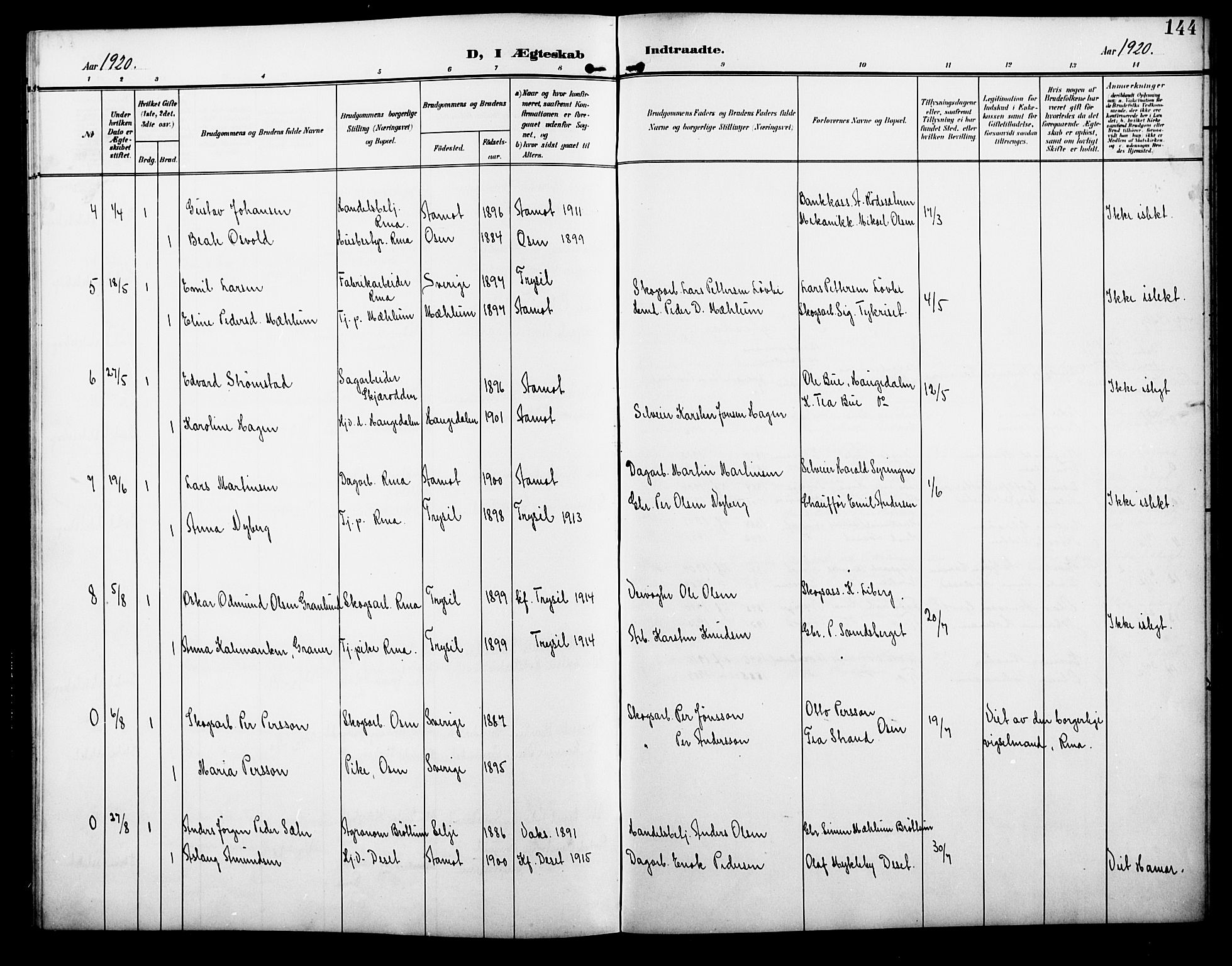 Åmot prestekontor, Hedmark, AV/SAH-PREST-056/H/Ha/Hab/L0004: Klokkerbok nr. 4, 1905-1920, s. 144