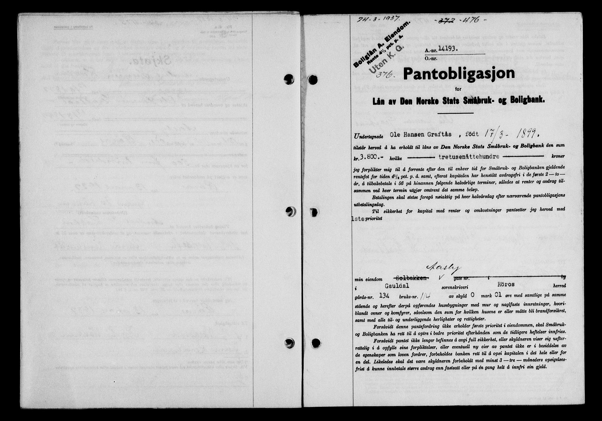Gauldal sorenskriveri, SAT/A-0014/1/2/2C/L0047: Pantebok nr. 50-51, 1937-1937, Dagboknr: 376/1937