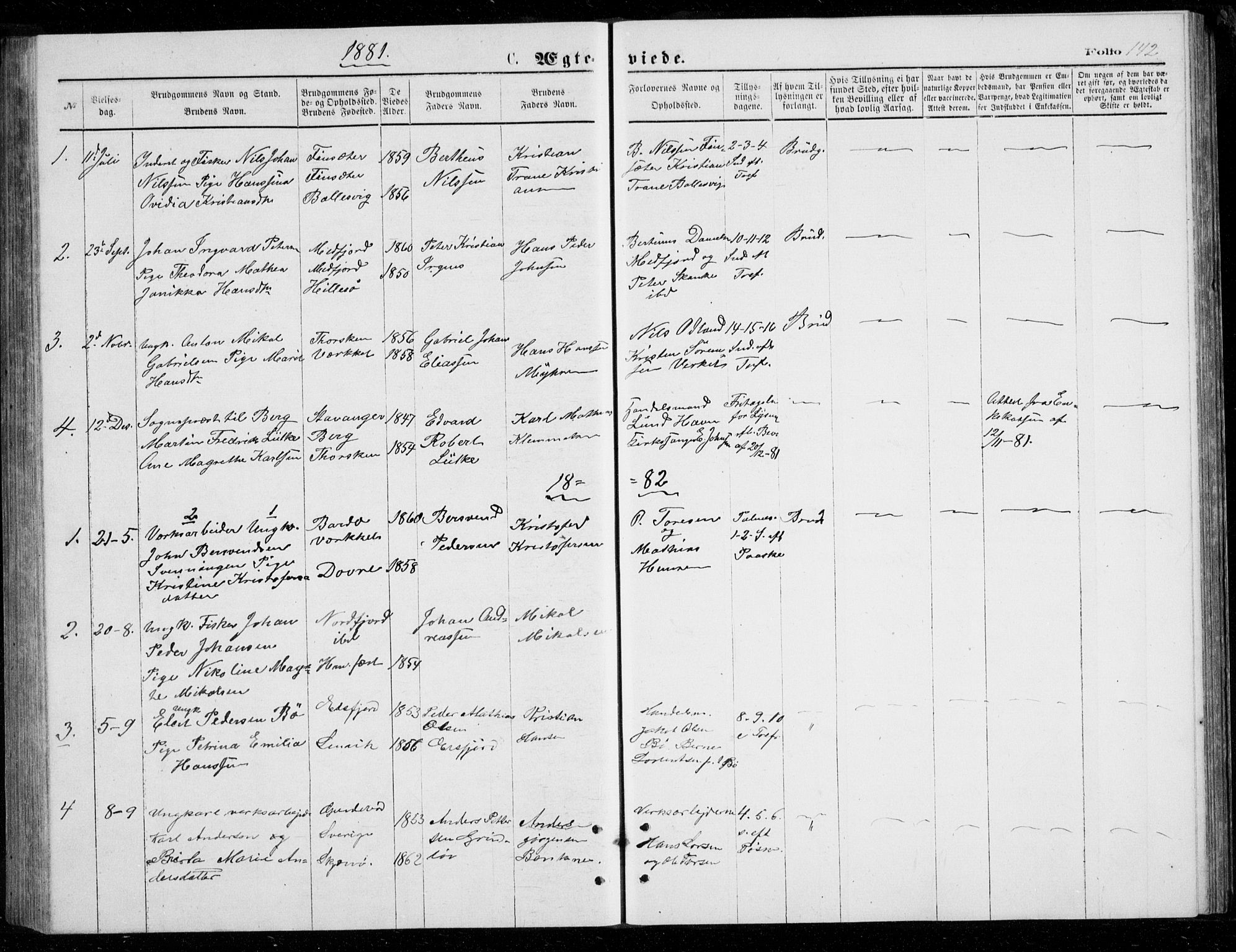 Berg sokneprestkontor, AV/SATØ-S-1318/G/Ga/Gab/L0003klokker: Klokkerbok nr. 3, 1874-1886, s. 142