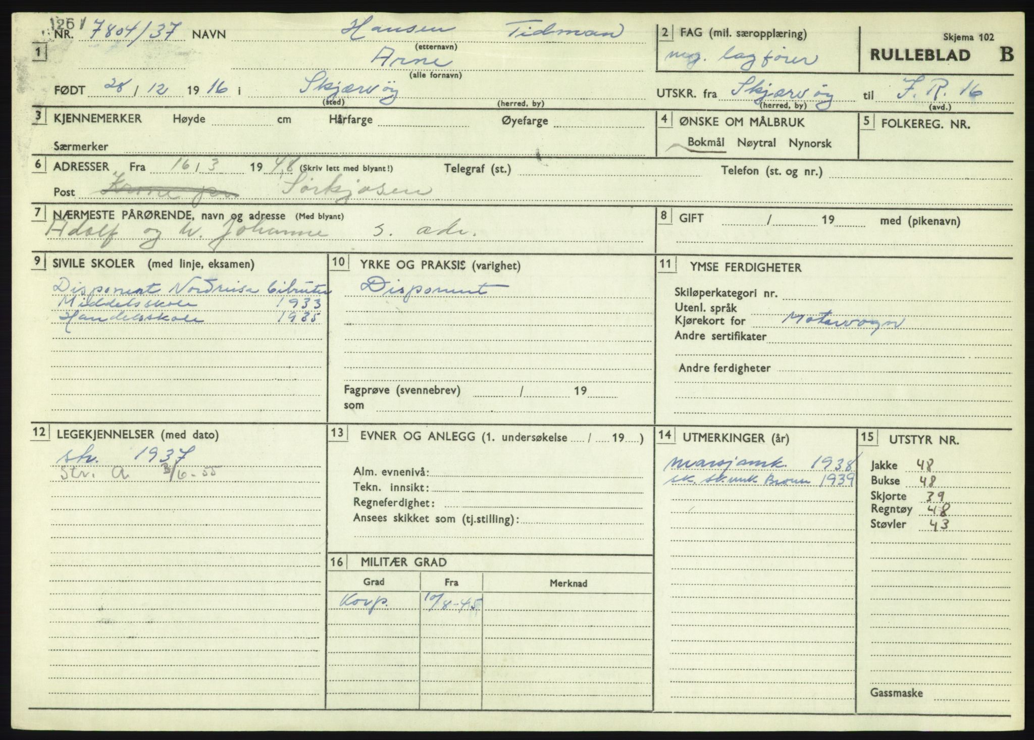 Forsvaret, Troms infanteriregiment nr. 16, AV/RA-RAFA-3146/P/Pa/L0021: Rulleblad for regimentets menige mannskaper, årsklasse 1937, 1937, s. 225