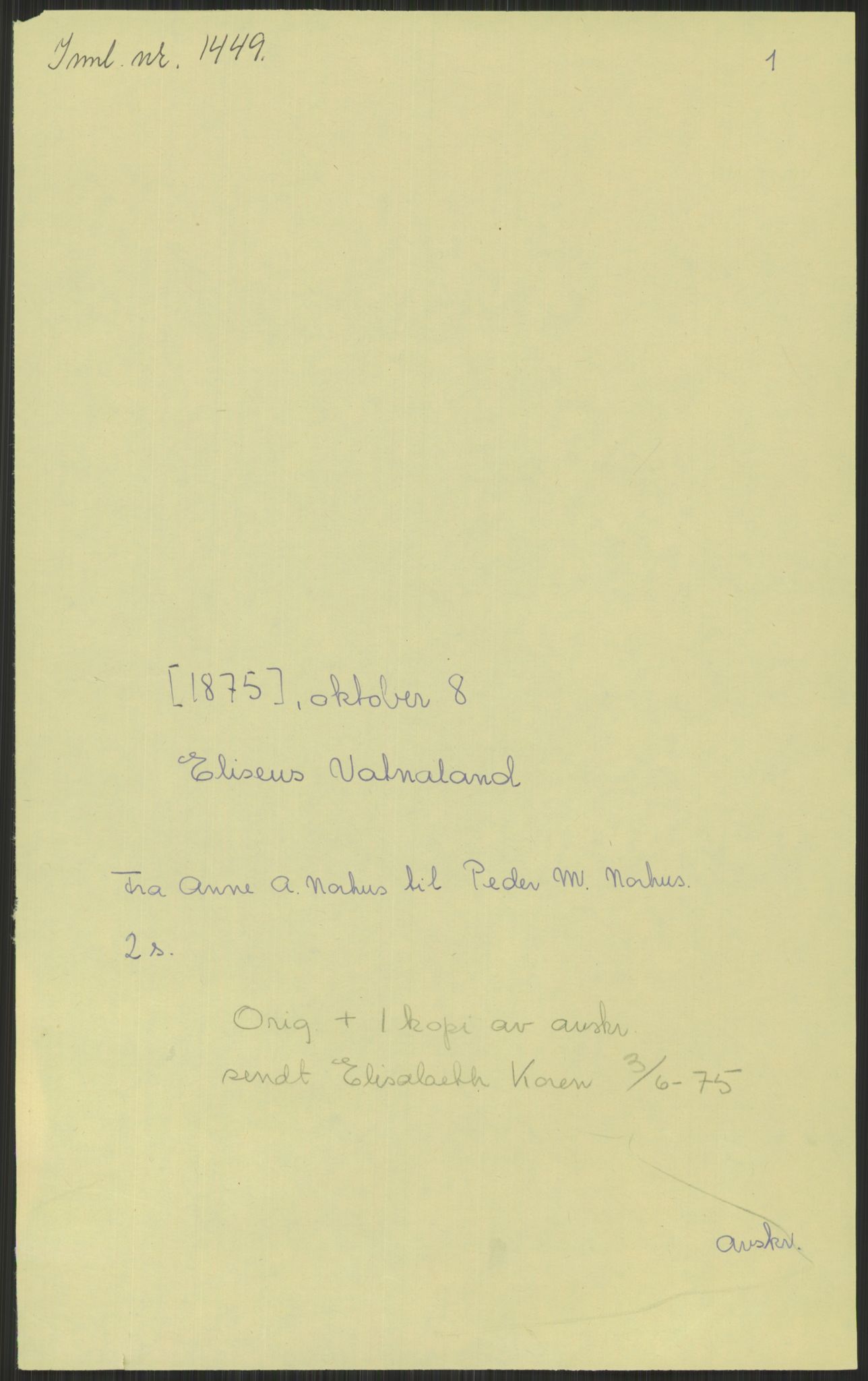 Samlinger til kildeutgivelse, Amerikabrevene, AV/RA-EA-4057/F/L0030: Innlån fra Rogaland: Vatnaland - Øverland, 1838-1914, s. 3