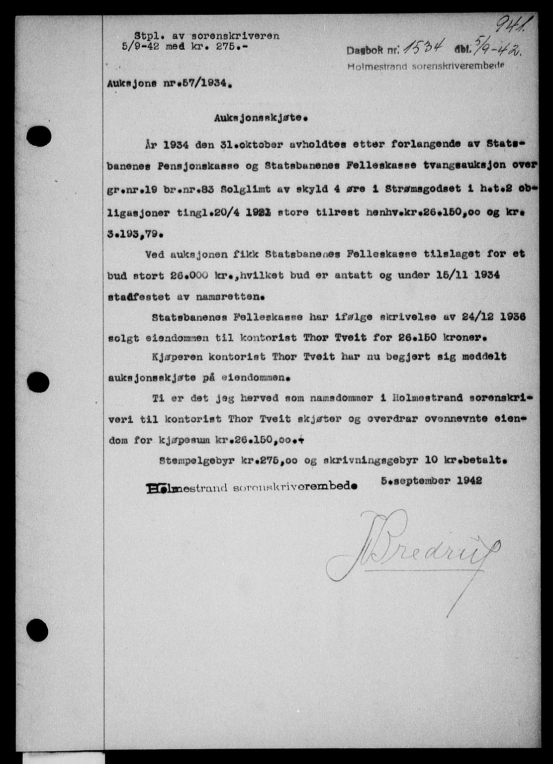 Holmestrand sorenskriveri, SAKO/A-67/G/Ga/Gaa/L0055: Pantebok nr. A-55, 1942-1942, Dagboknr: 1534/1942