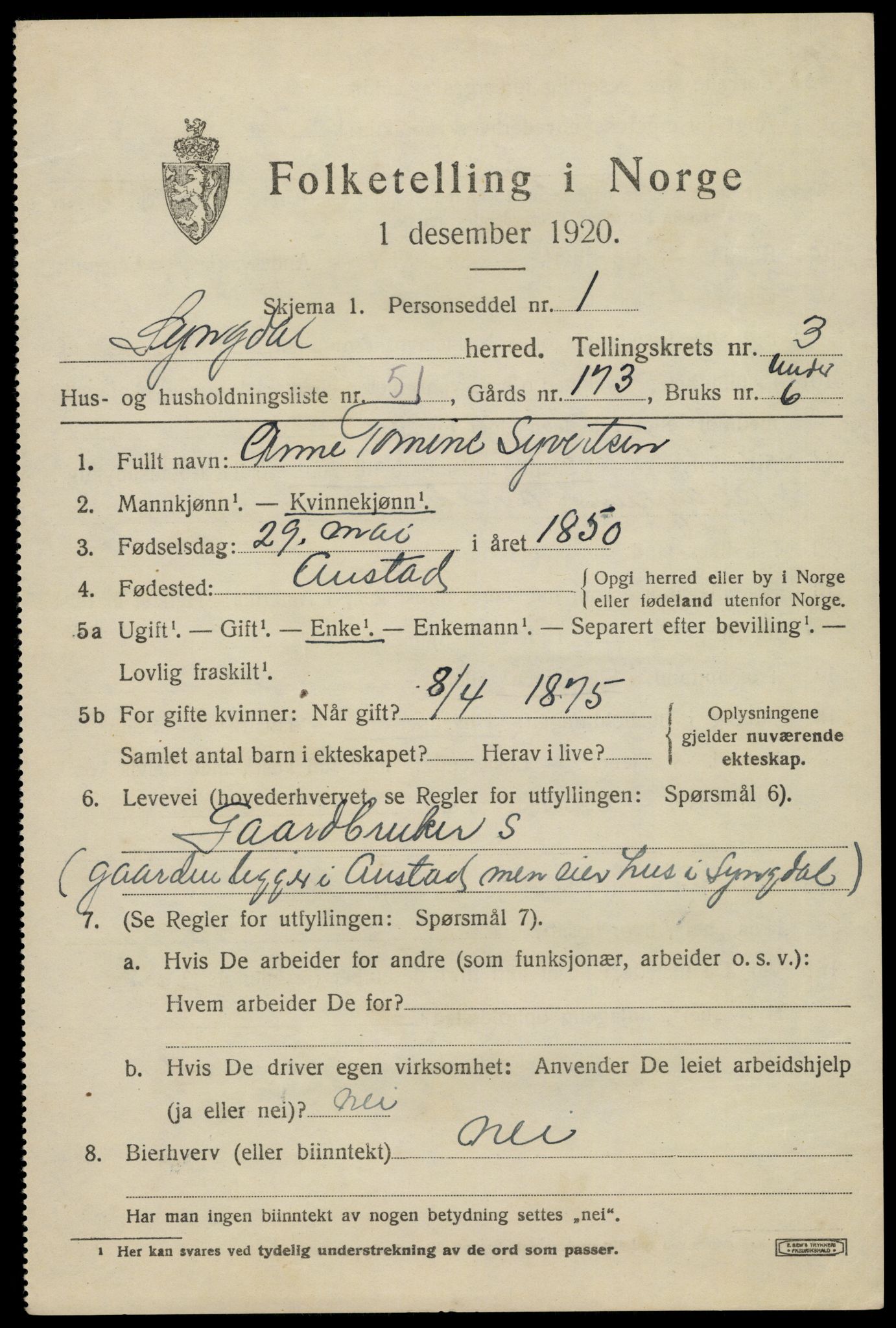 SAK, Folketelling 1920 for 1032 Lyngdal herred, 1920, s. 2331