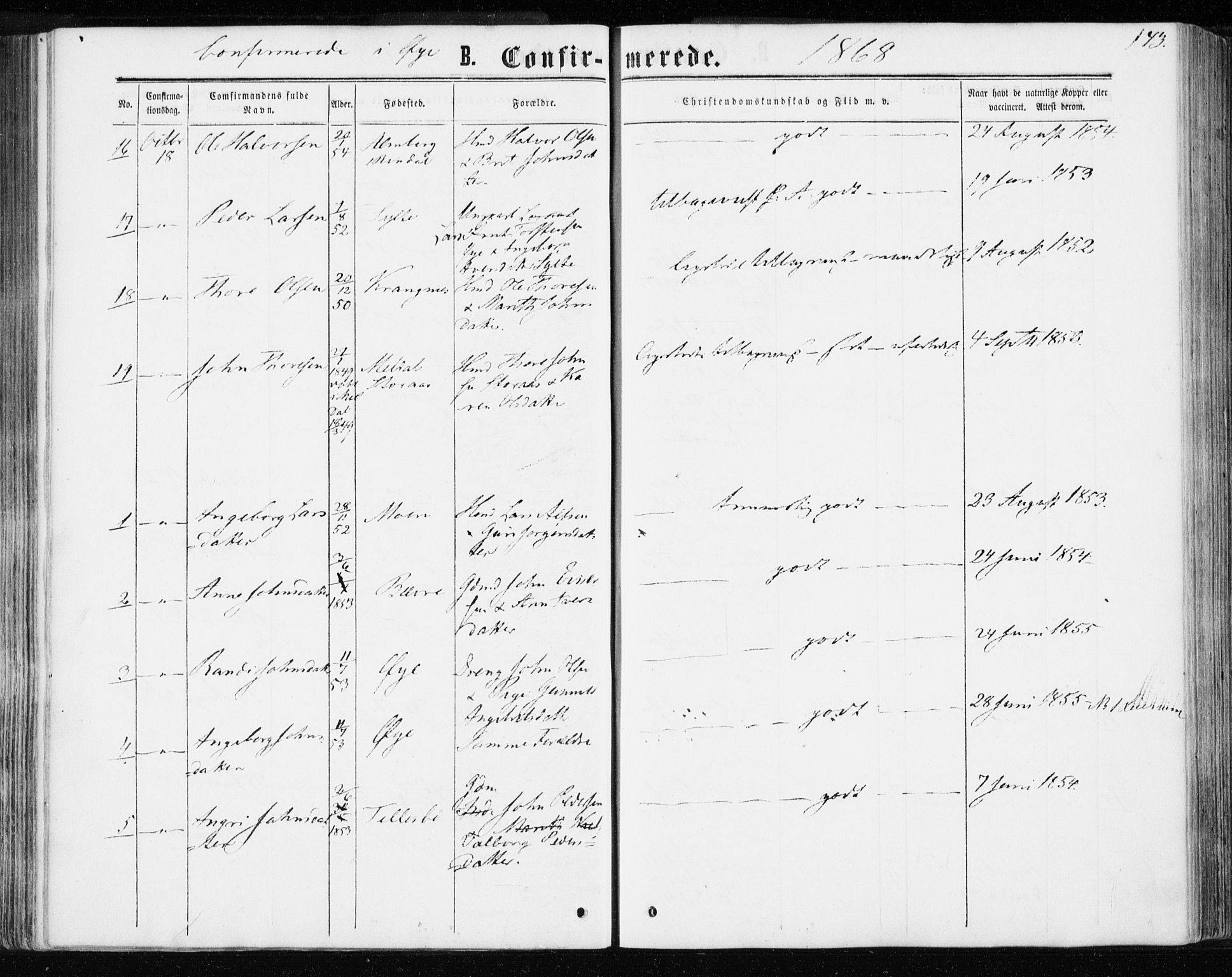 Ministerialprotokoller, klokkerbøker og fødselsregistre - Møre og Romsdal, SAT/A-1454/595/L1045: Ministerialbok nr. 595A07, 1863-1873, s. 143