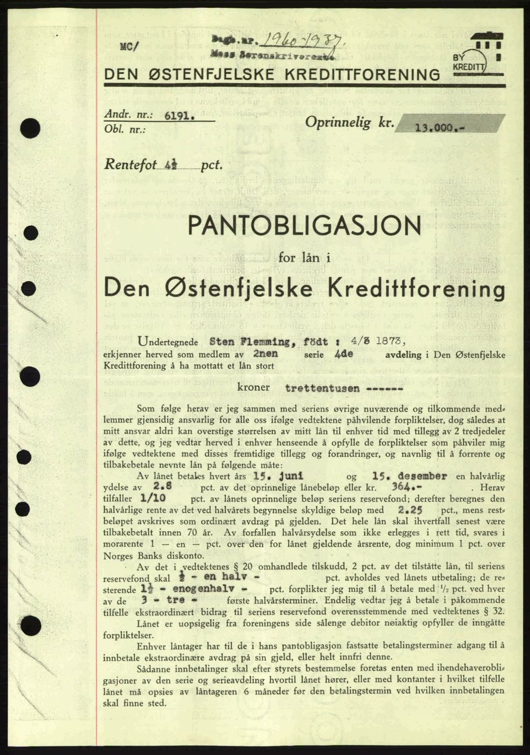 Moss sorenskriveri, SAO/A-10168: Pantebok nr. B4, 1937-1938, Dagboknr: 1960/1937