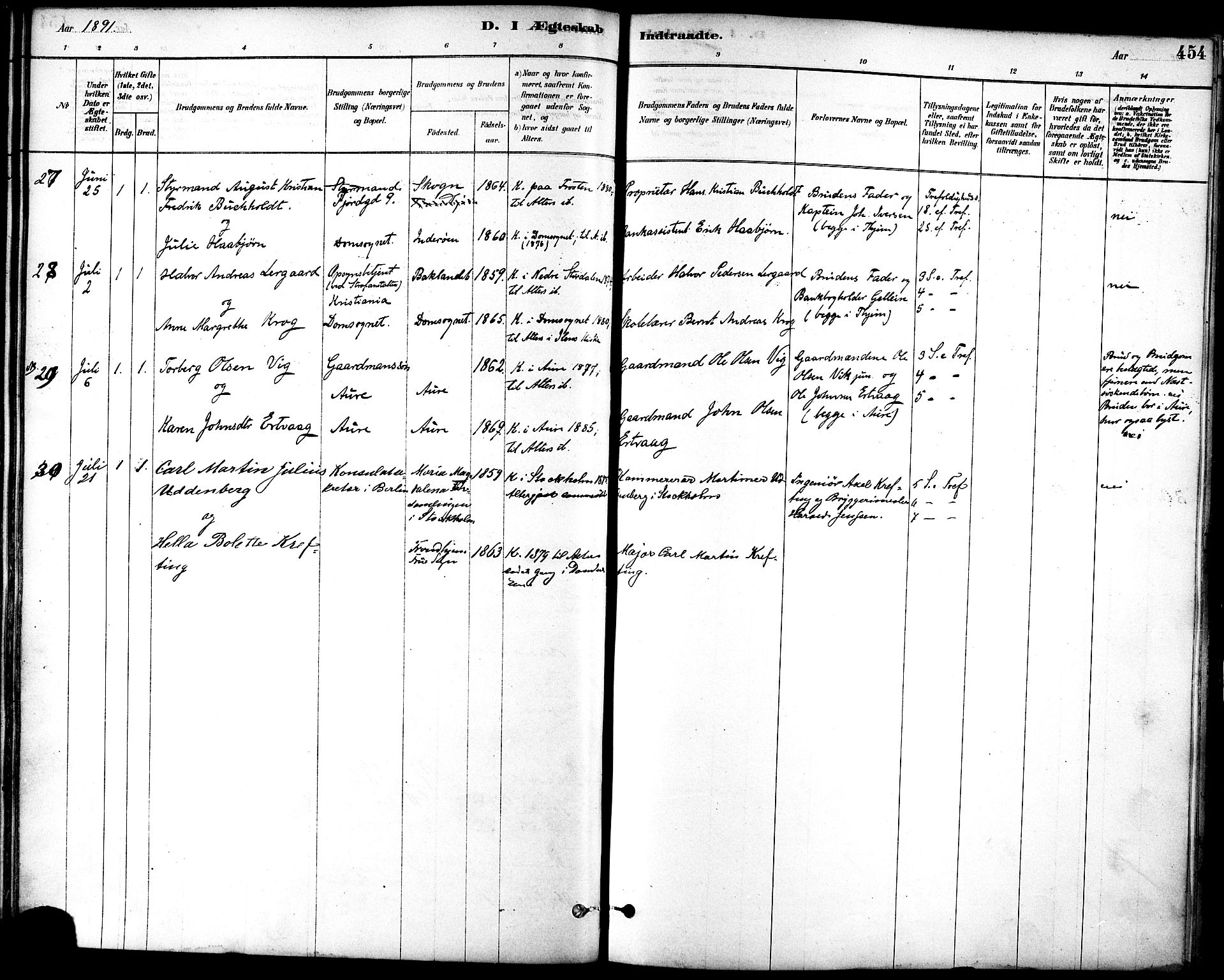 Ministerialprotokoller, klokkerbøker og fødselsregistre - Sør-Trøndelag, SAT/A-1456/601/L0058: Ministerialbok nr. 601A26, 1877-1891, s. 454