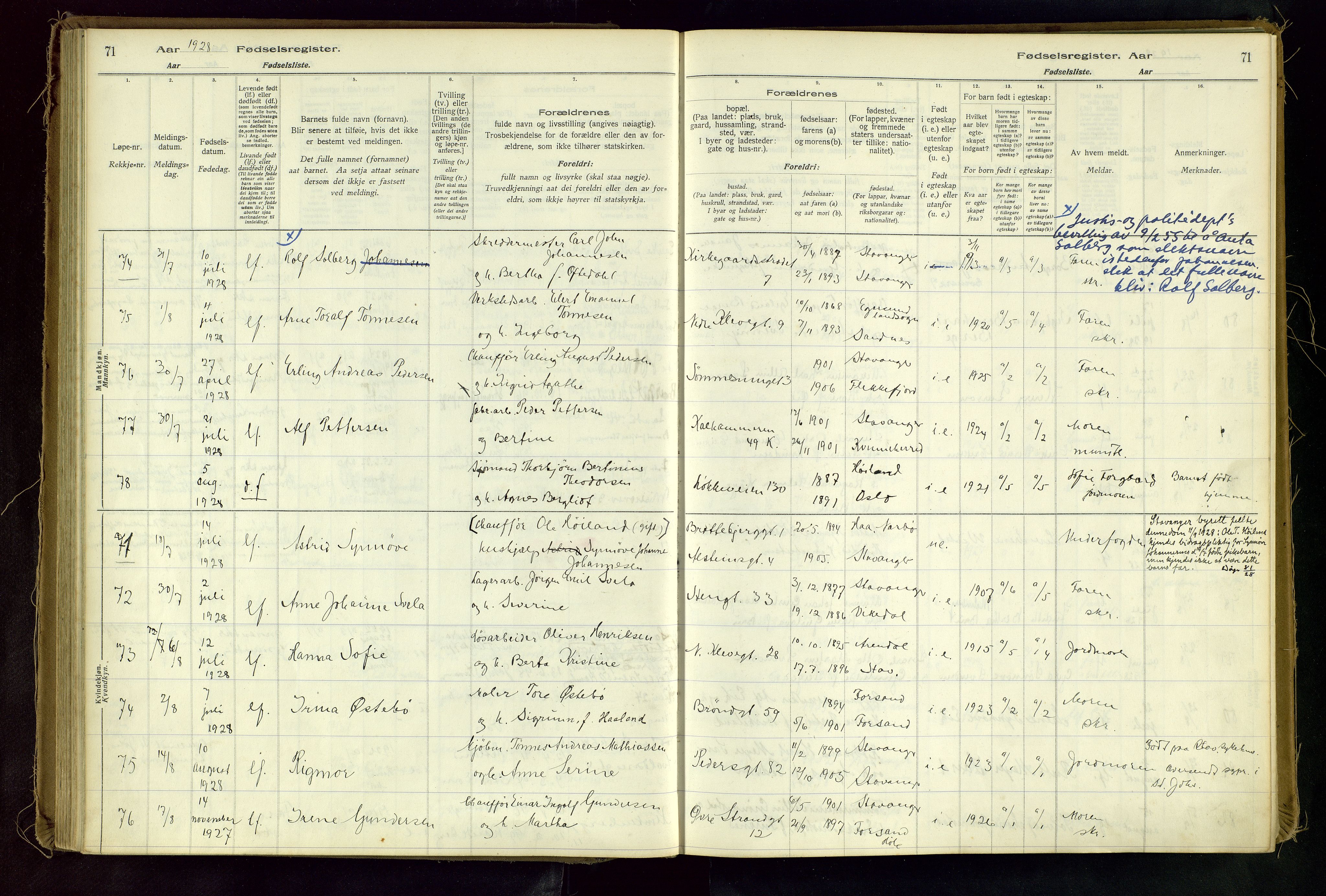 Domkirken sokneprestkontor, AV/SAST-A-101812/002/A/L0001: Fødselsregister nr. 1, 1925-1932, s. 71