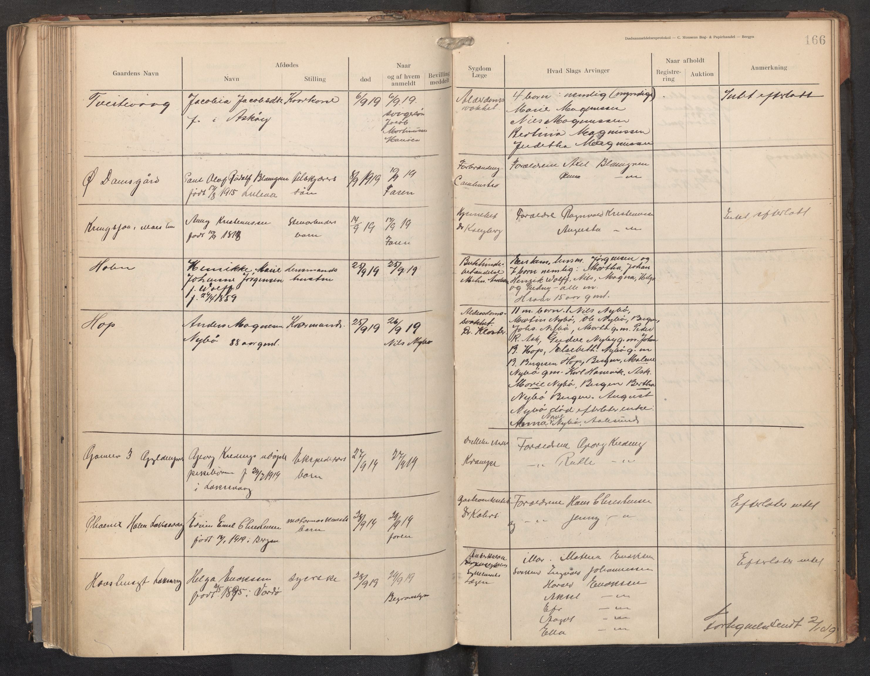 Lensmannen i Askøy, AV/SAB-A-31001/0006/L0001: Dødsfallprotokoll med register , 1907-1921, s. 166