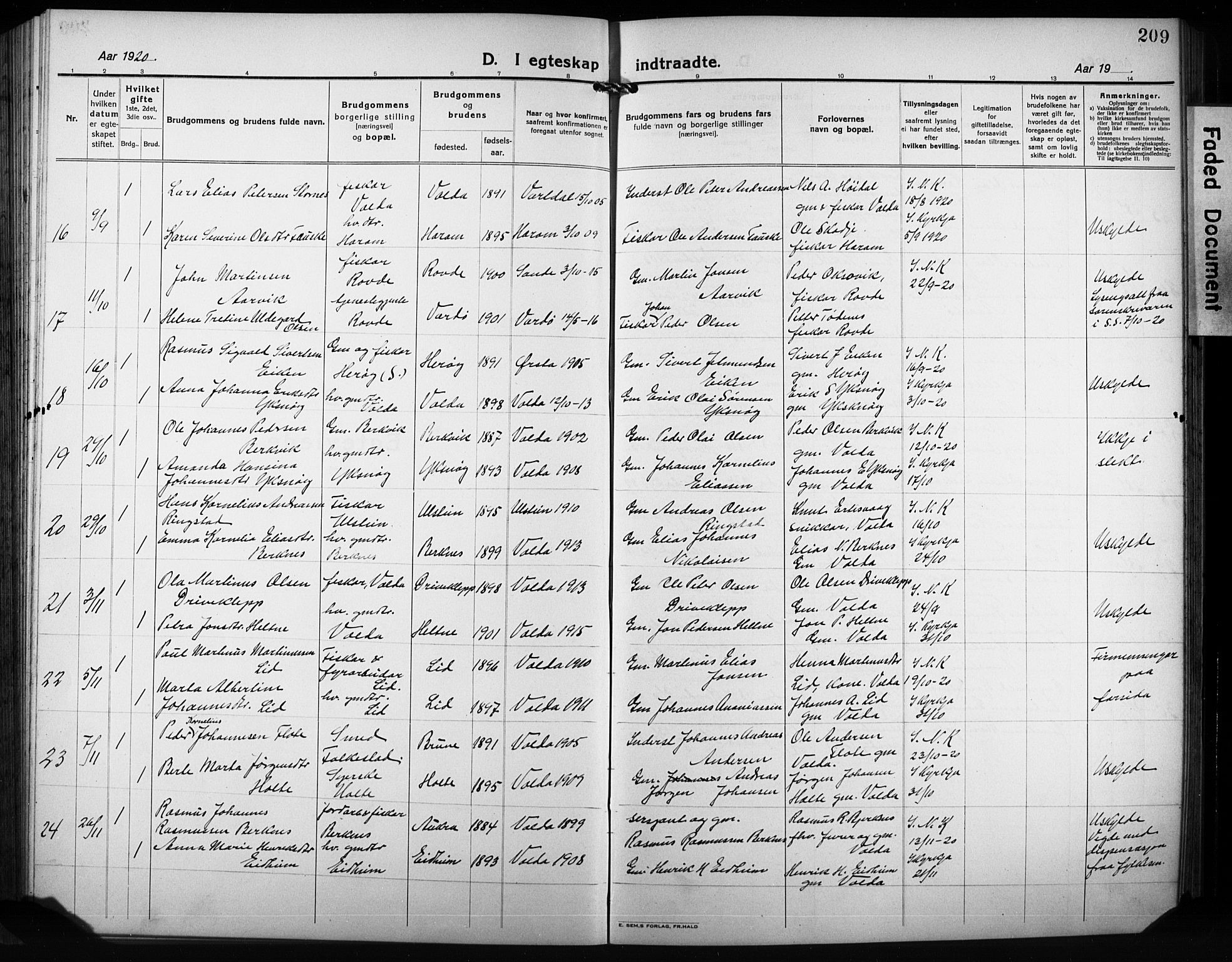 Ministerialprotokoller, klokkerbøker og fødselsregistre - Møre og Romsdal, SAT/A-1454/511/L0160: Klokkerbok nr. 511C06, 1920-1932, s. 209