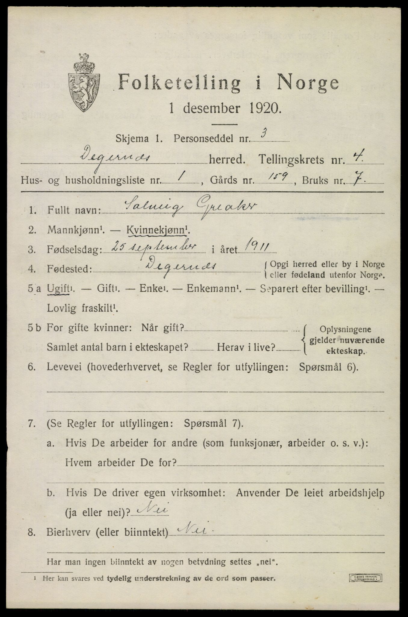 SAO, Folketelling 1920 for 0129 Degernes herred, 1920, s. 2334