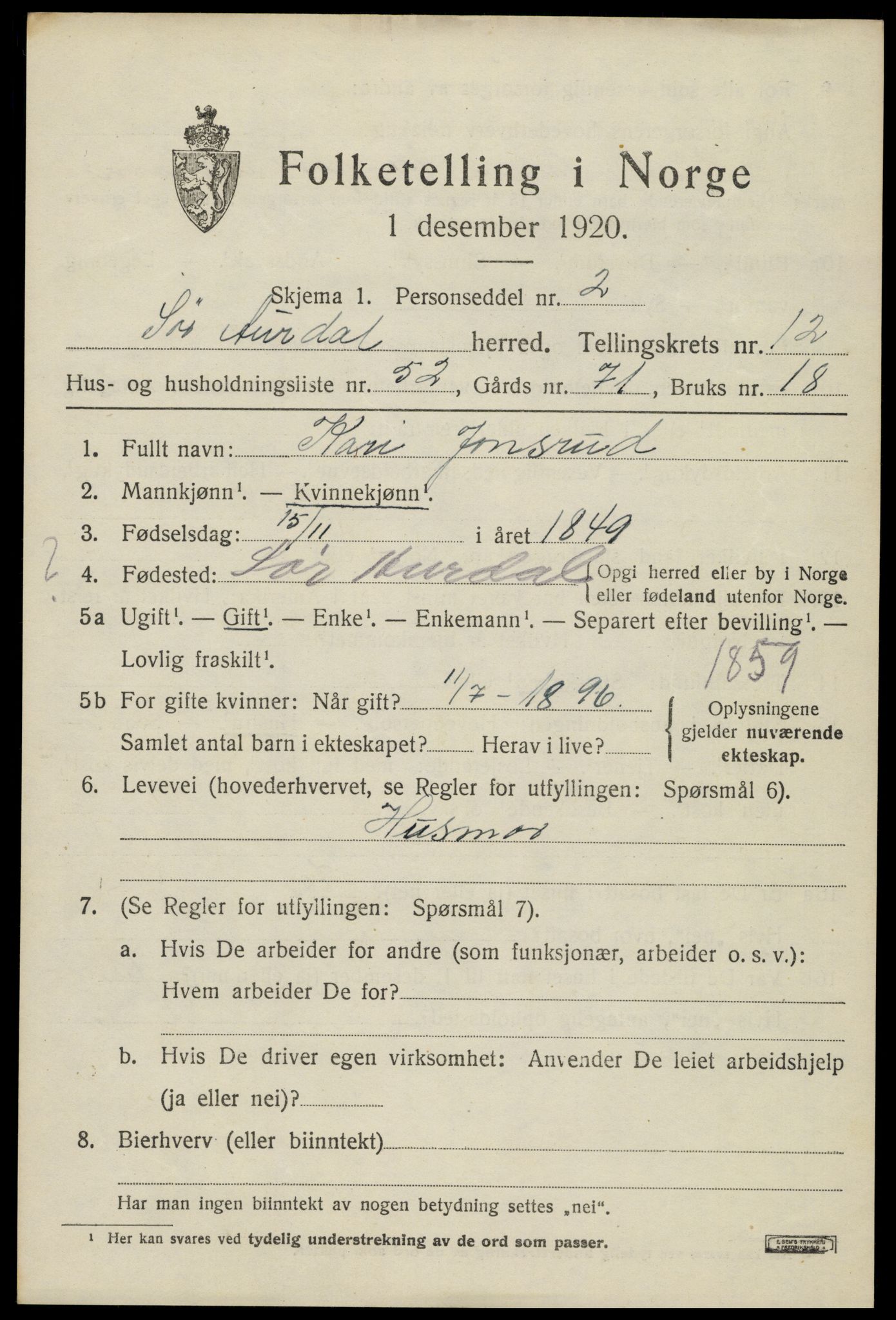 SAH, Folketelling 1920 for 0540 Sør-Aurdal herred, 1920, s. 7461