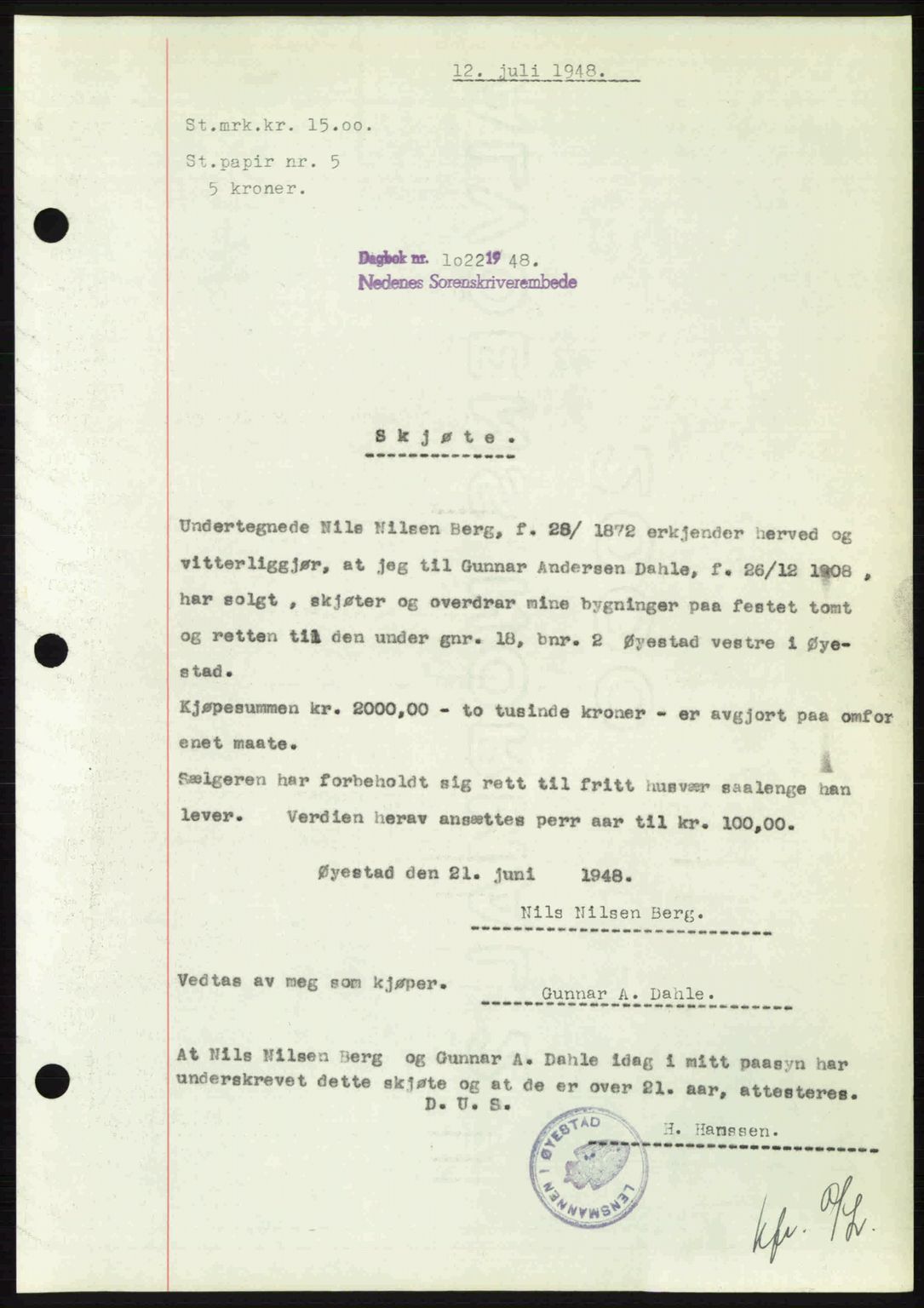 Nedenes sorenskriveri, SAK/1221-0006/G/Gb/Gba/L0059: Pantebok nr. A11, 1948-1948, Dagboknr: 1022/1948