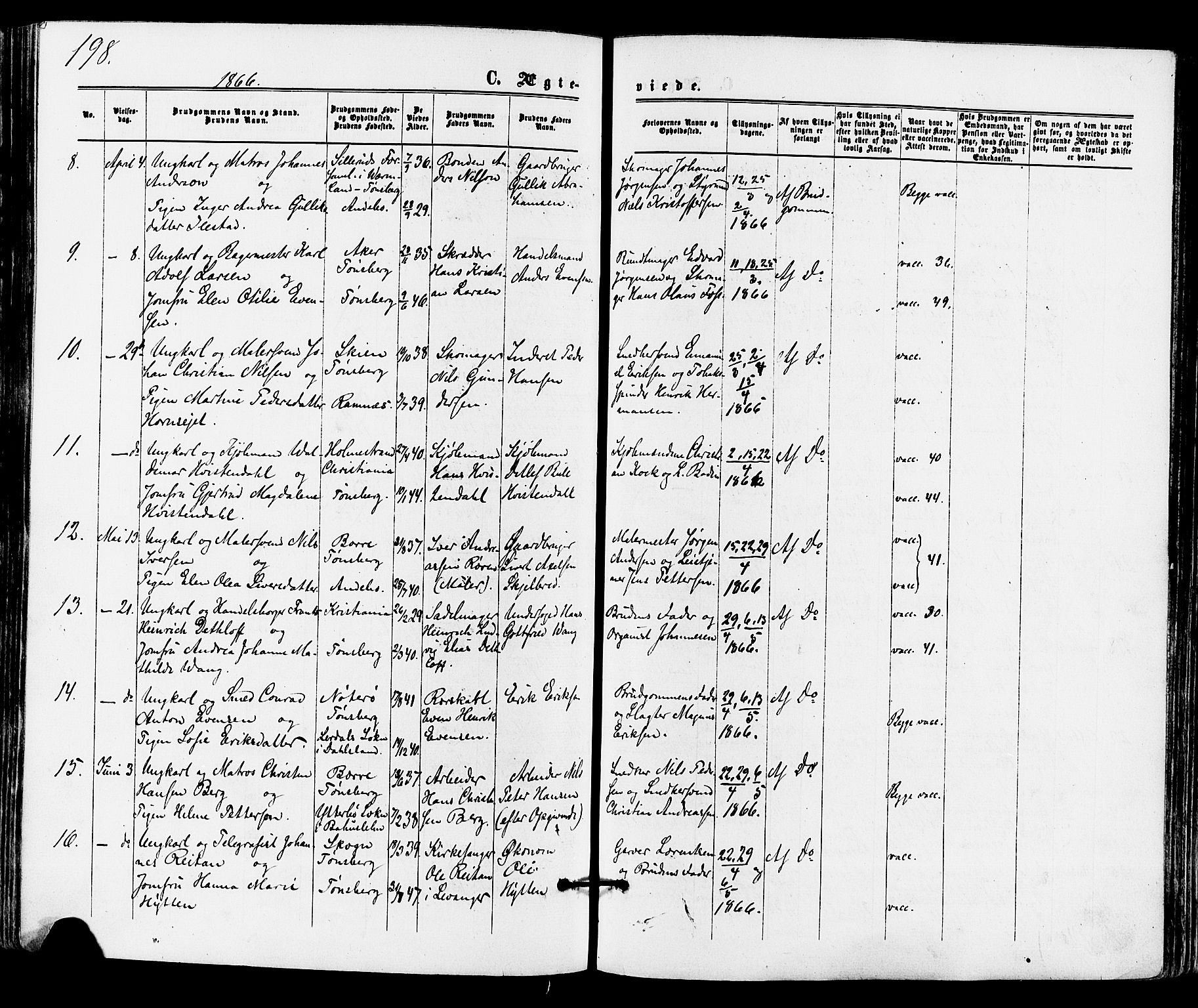 Tønsberg kirkebøker, AV/SAKO-A-330/F/Fa/L0009: Ministerialbok nr. I 9, 1865-1873, s. 198