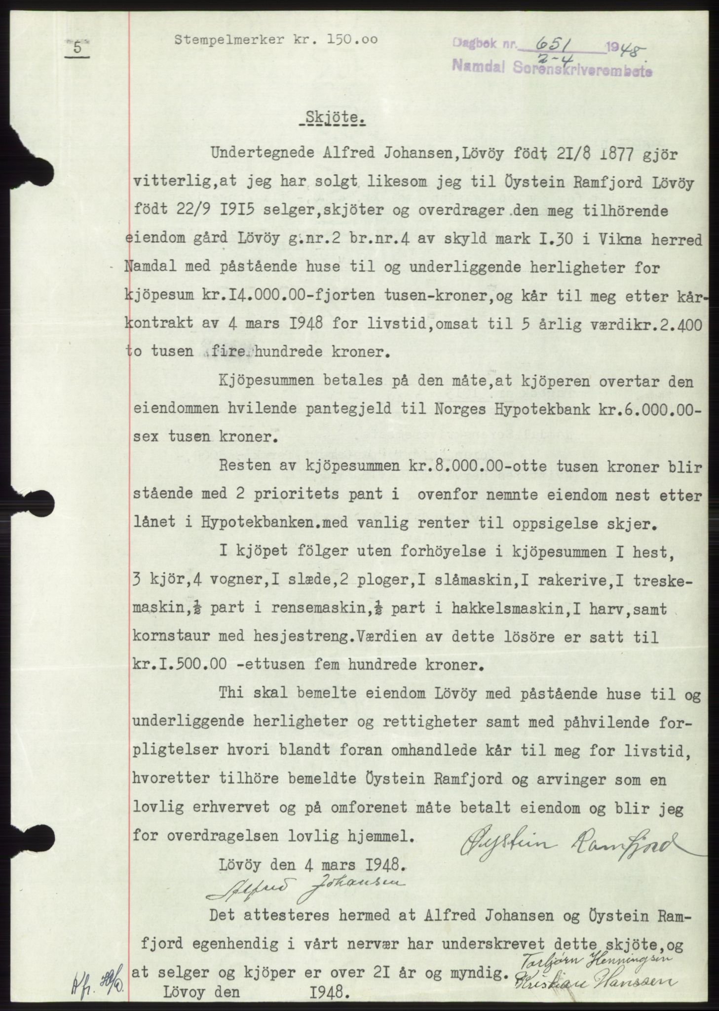 Namdal sorenskriveri, SAT/A-4133/1/2/2C: Pantebok nr. -, 1947-1948, Dagboknr: 651/1948