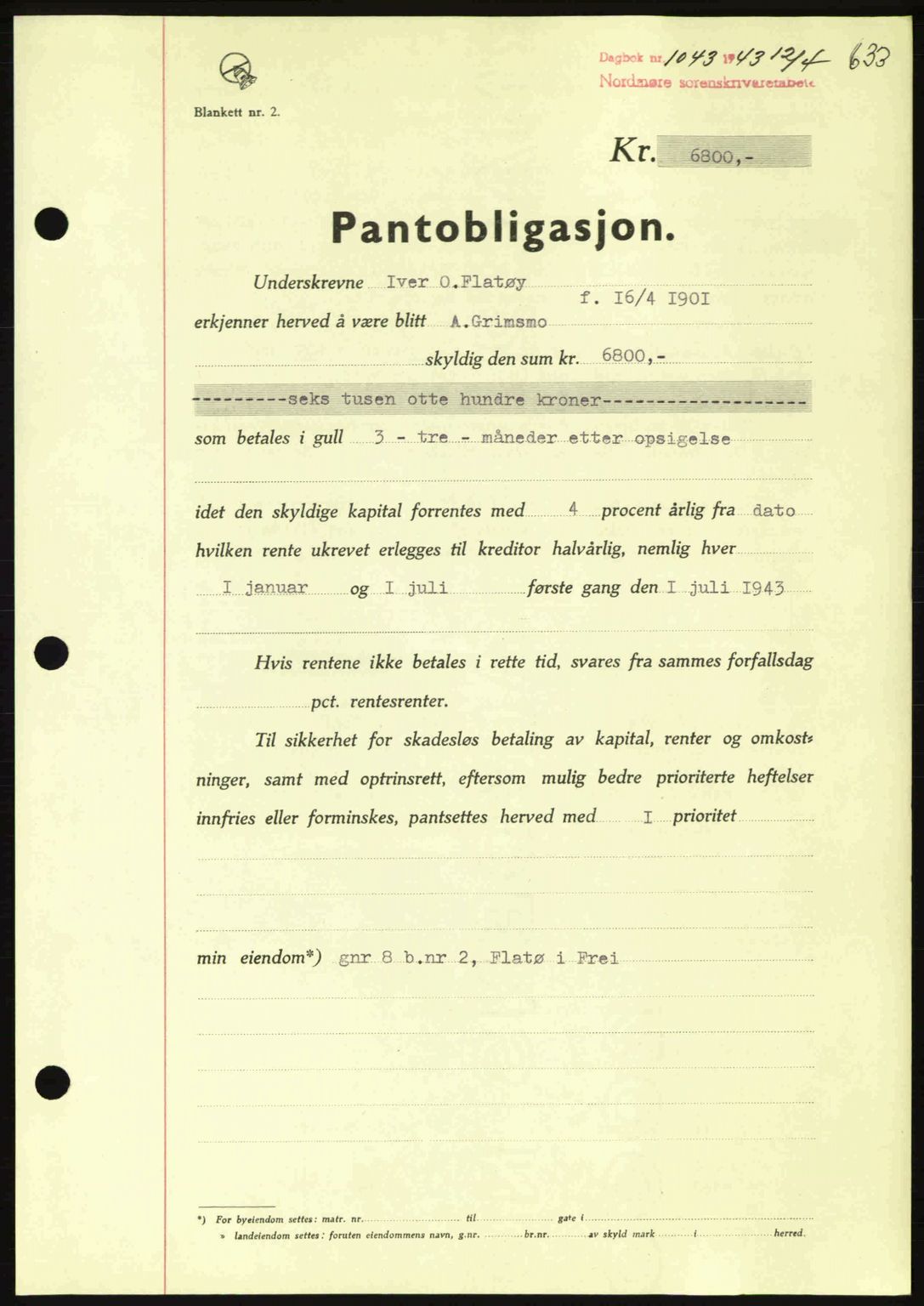 Nordmøre sorenskriveri, SAT/A-4132/1/2/2Ca: Pantebok nr. B90, 1942-1943, Dagboknr: 1043/1943