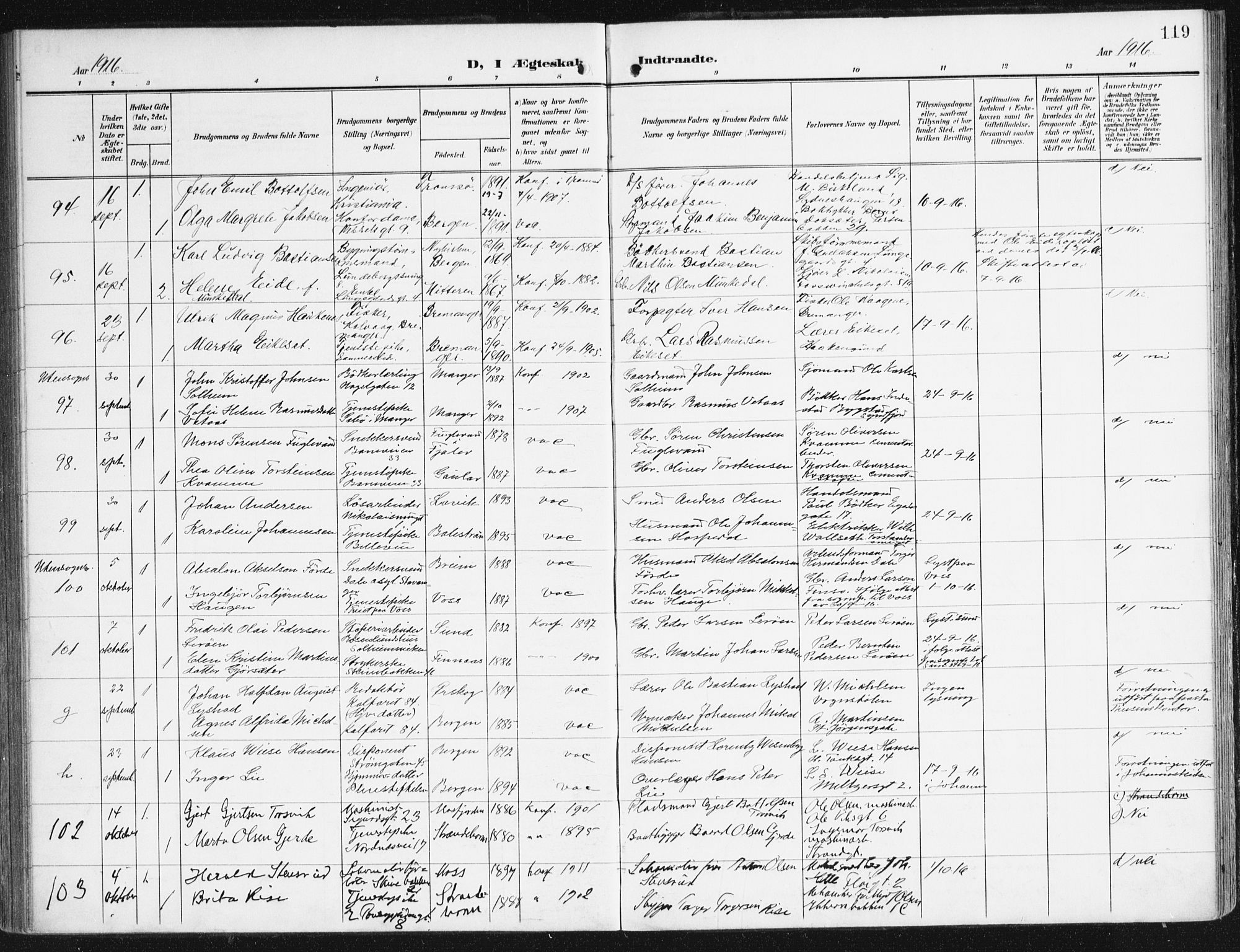 Domkirken sokneprestembete, AV/SAB-A-74801/H/Haa/L0038: Ministerialbok nr. D 5, 1906-1921, s. 119