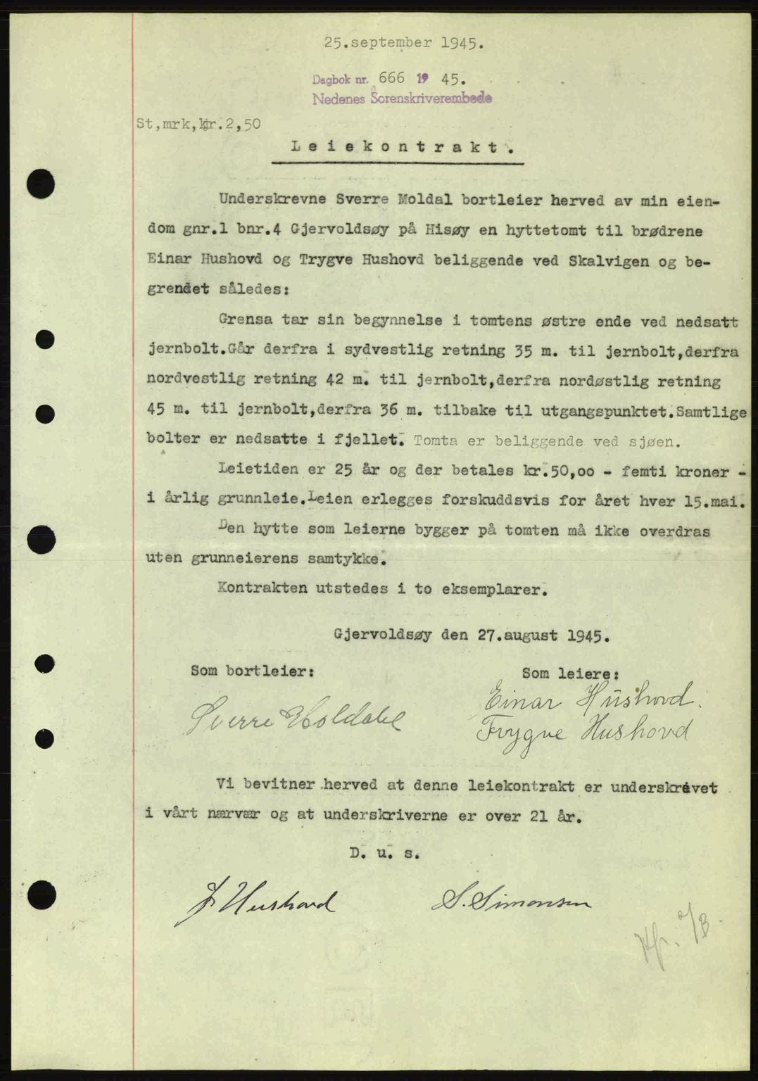 Nedenes sorenskriveri, SAK/1221-0006/G/Gb/Gba/L0052: Pantebok nr. A6a, 1944-1945, Dagboknr: 666/1945