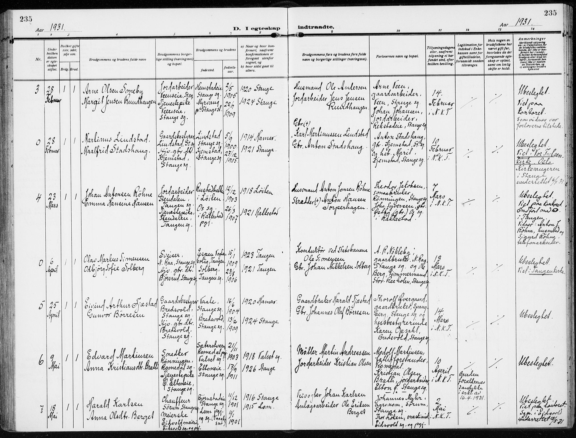 Stange prestekontor, AV/SAH-PREST-002/K/L0026: Ministerialbok nr. 26, 1923-1937, s. 235