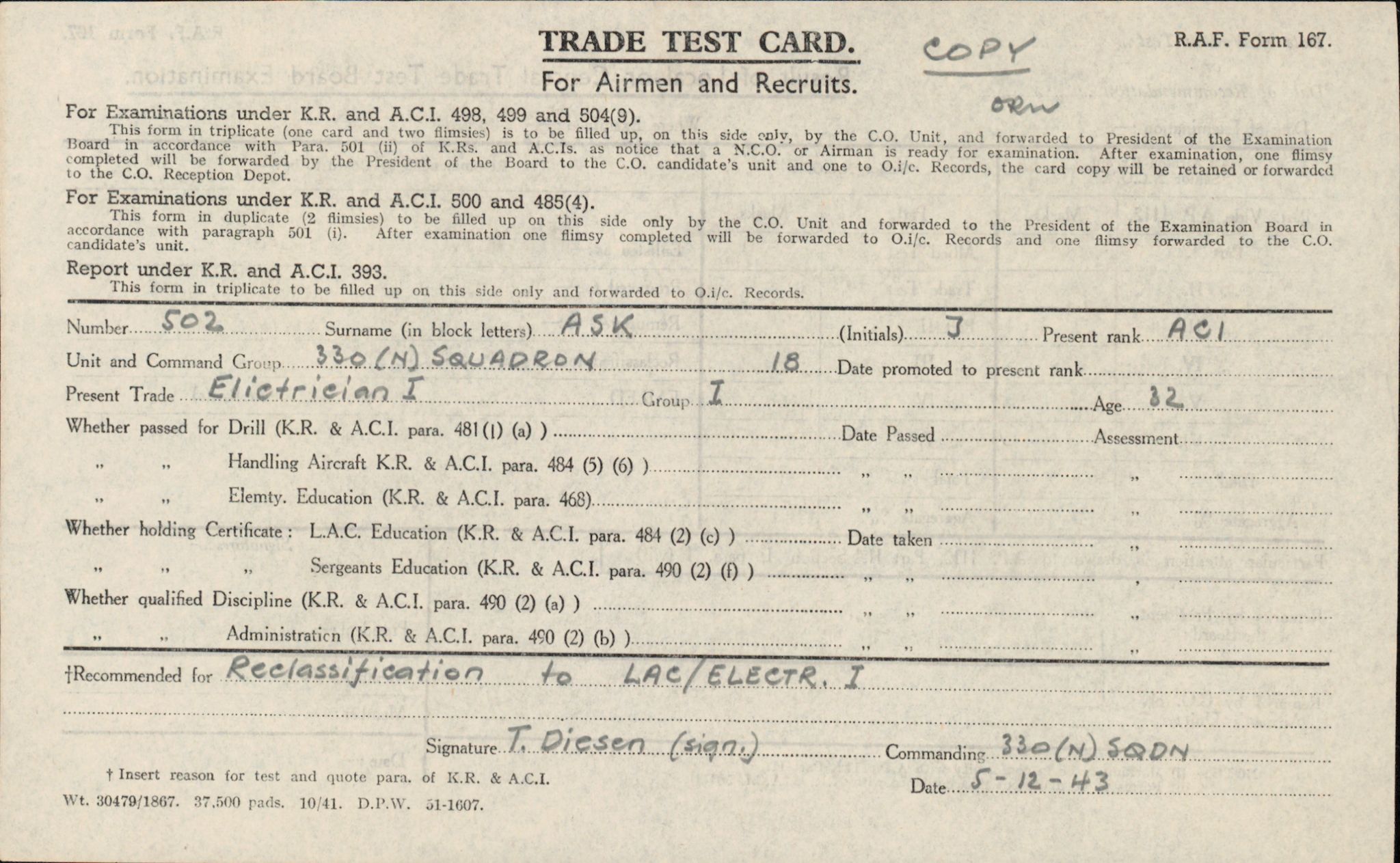 Forsvaret, Forsvarets overkommando/Luftforsvarsstaben, AV/RA-RAFA-4079/P/Pa/L0029: Personellpapirer, 1912, s. 47