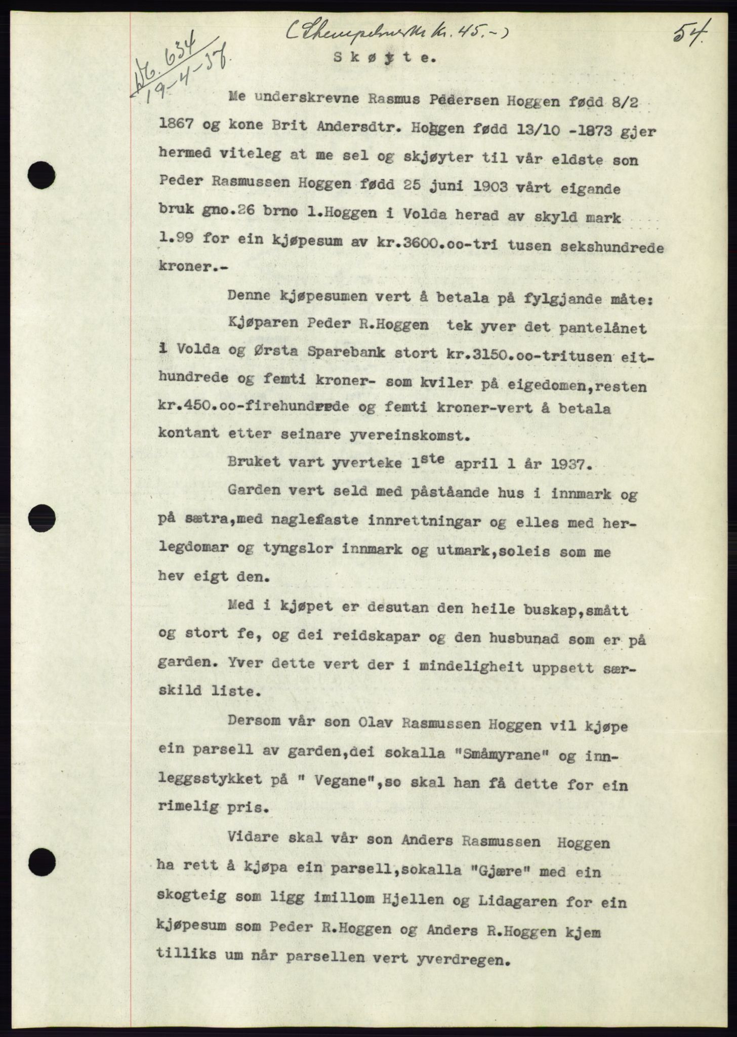 Søre Sunnmøre sorenskriveri, SAT/A-4122/1/2/2C/L0063: Pantebok nr. 57, 1937-1937, Dagboknr: 634/1937