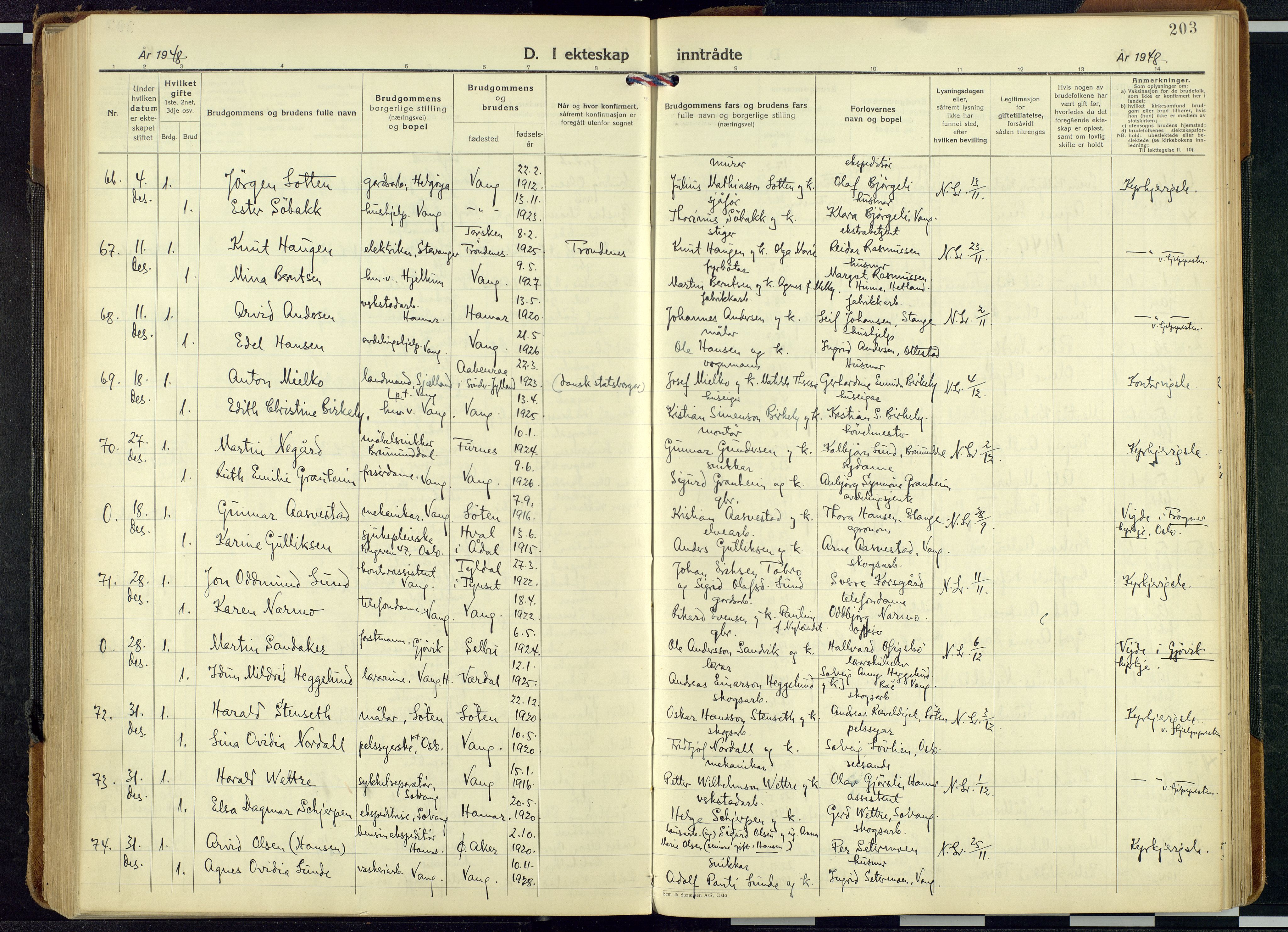 Vang prestekontor, Hedmark, AV/SAH-PREST-008/H/Ha/Haa/L0024: Ministerialbok nr. 24, 1941-1967, s. 203