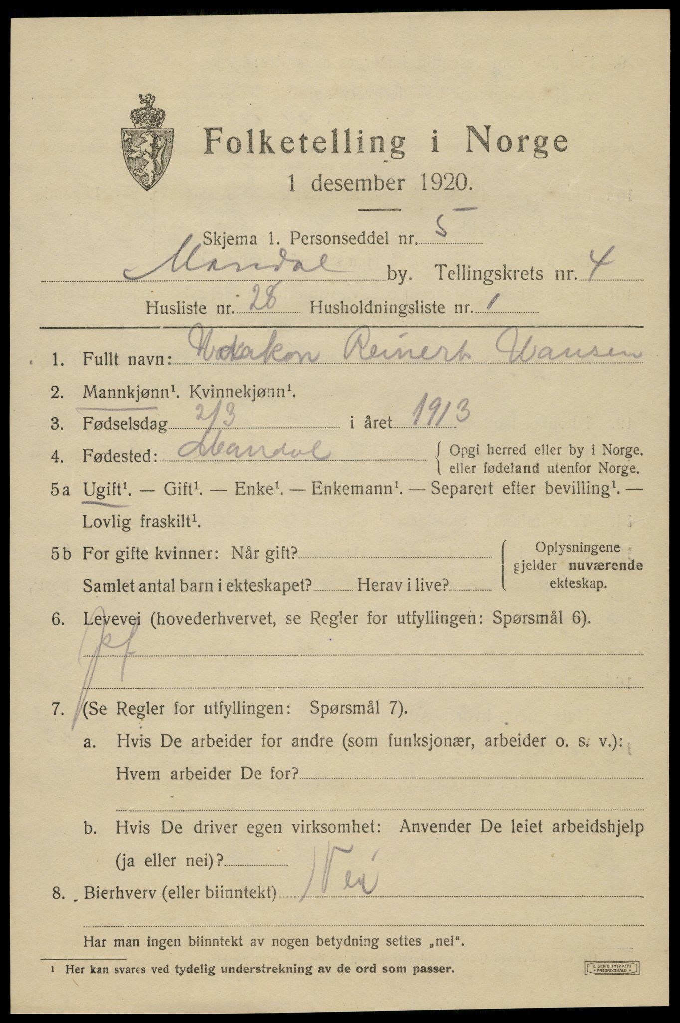 SAK, Folketelling 1920 for 1002 Mandal ladested, 1920, s. 7281