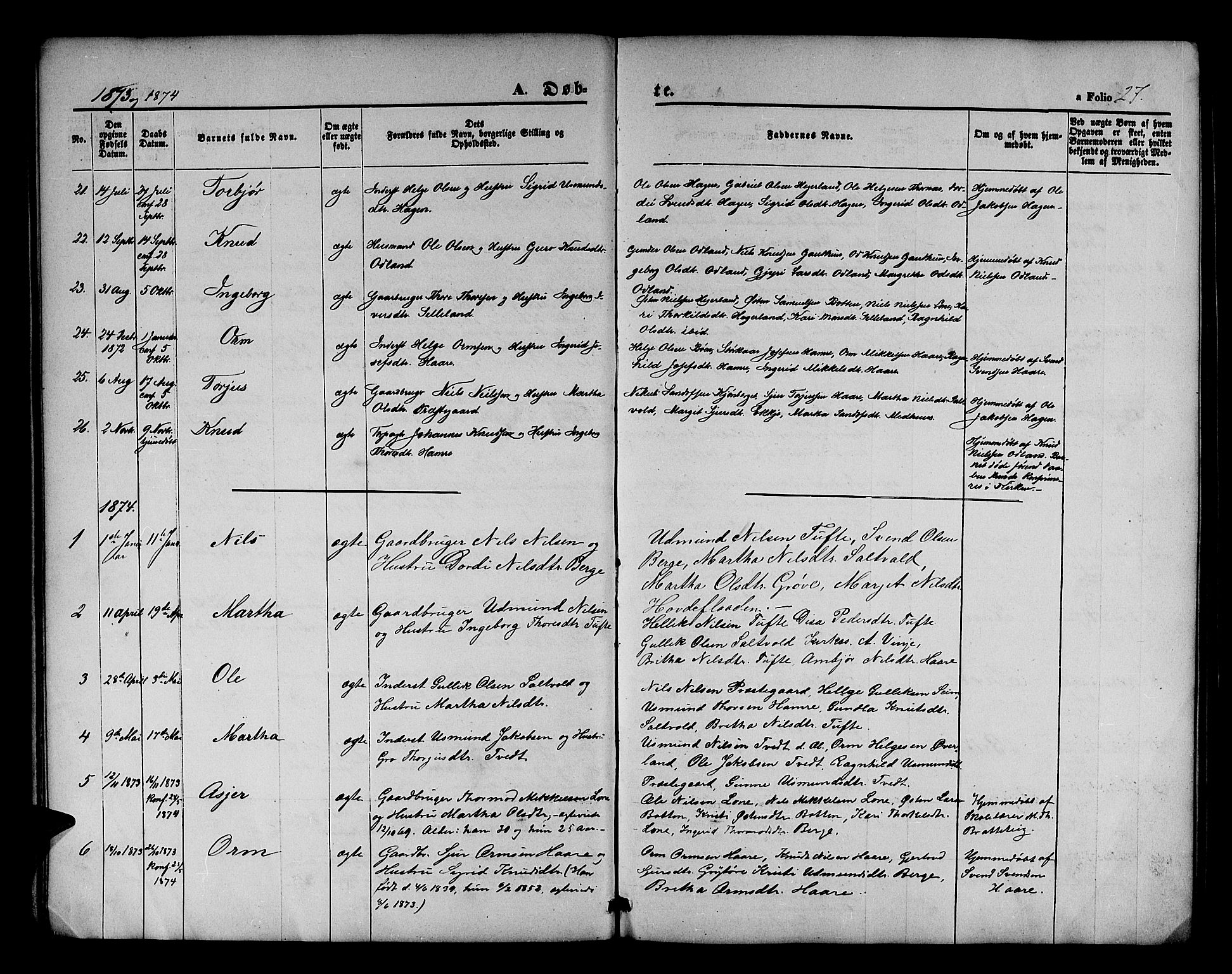Røldal sokneprestembete, AV/SAB-A-100247: Klokkerbok nr. A 2, 1861-1886, s. 27
