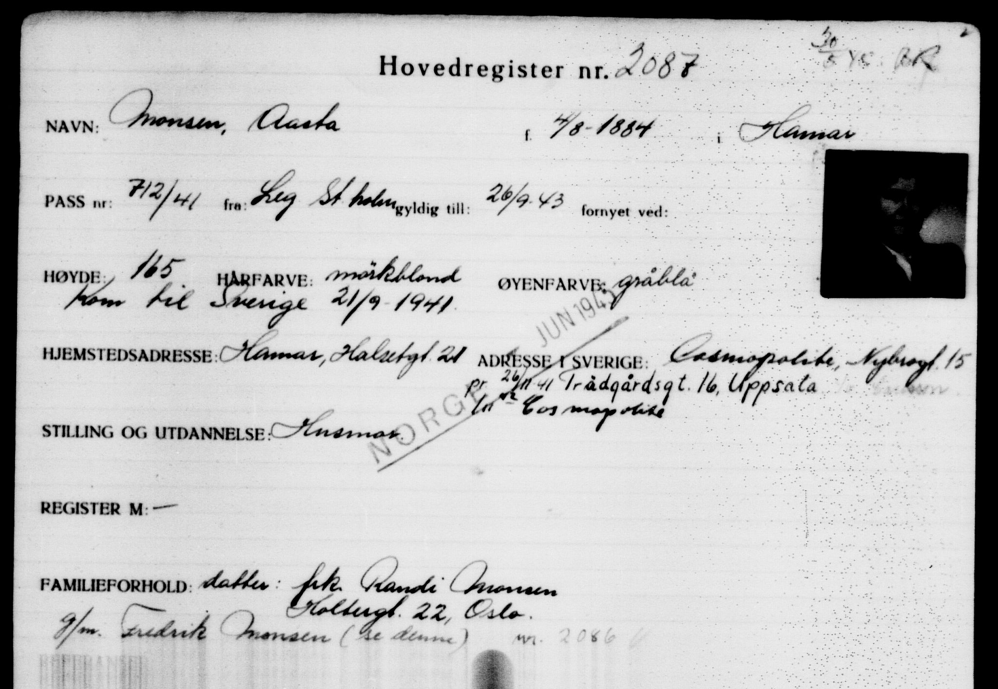 Utenriksstasjonene, Legasjonen i Stockholm, Flyktningkontoret, AV/RA-S-6753/V/Va/L0003: Kjesäterkartoteket, flyktninger med registreringsnr. 2001-3495, 1940-1945, s. 117