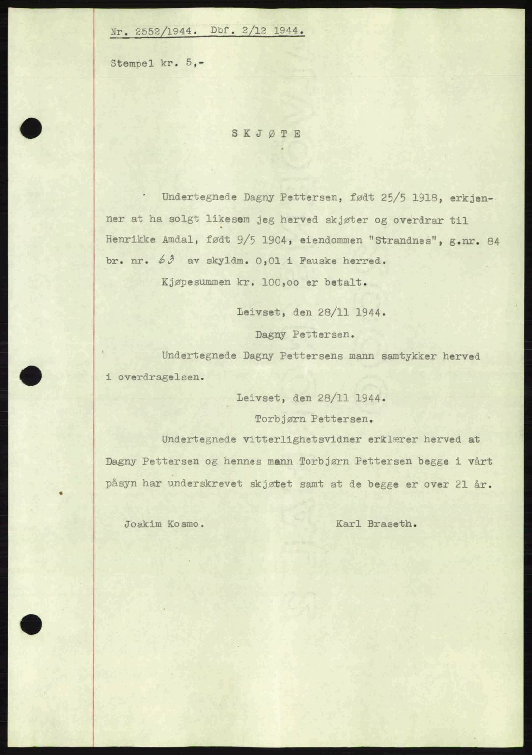 Salten sorenskriveri, SAT/A-4578/1/2/2C: Pantebok nr. A14-15, 1943-1945, Dagboknr: 2552/1944