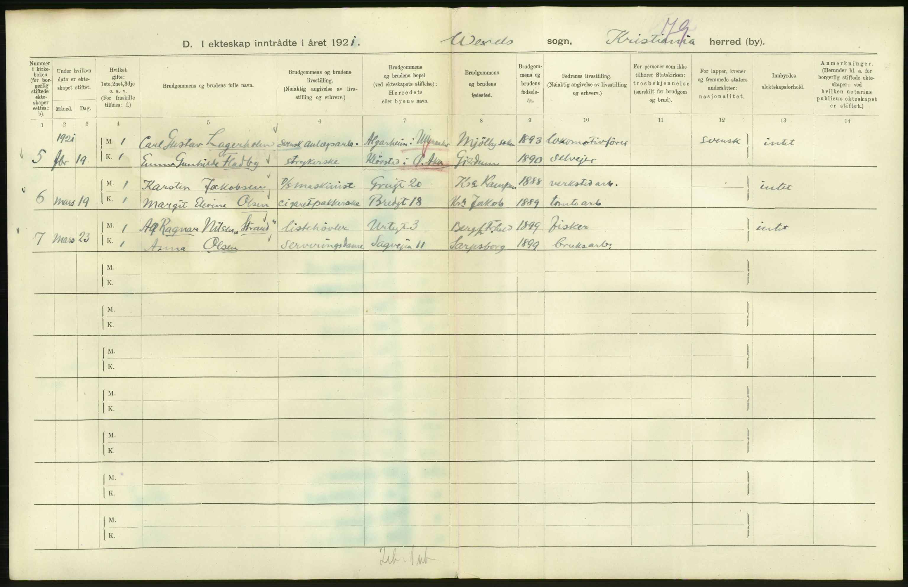 Statistisk sentralbyrå, Sosiodemografiske emner, Befolkning, RA/S-2228/D/Df/Dfc/Dfca/L0011: Kristiania: Gifte, 1921, s. 614