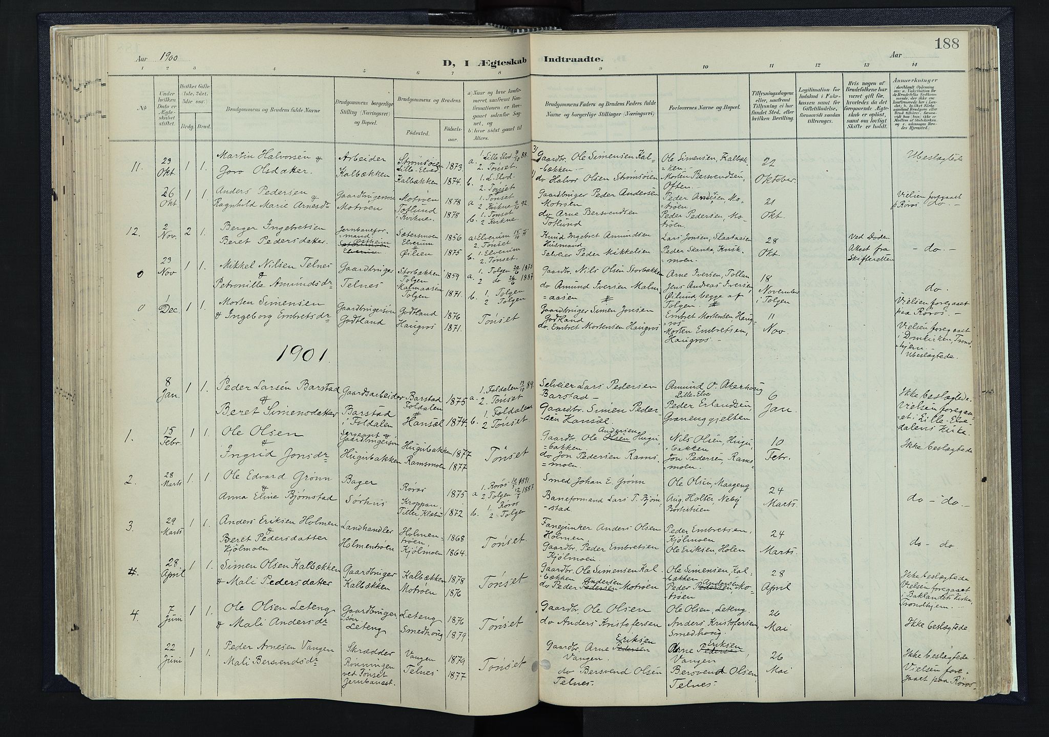 Tynset prestekontor, AV/SAH-PREST-058/H/Ha/Haa/L0025: Ministerialbok nr. 25, 1900-1914, s. 188