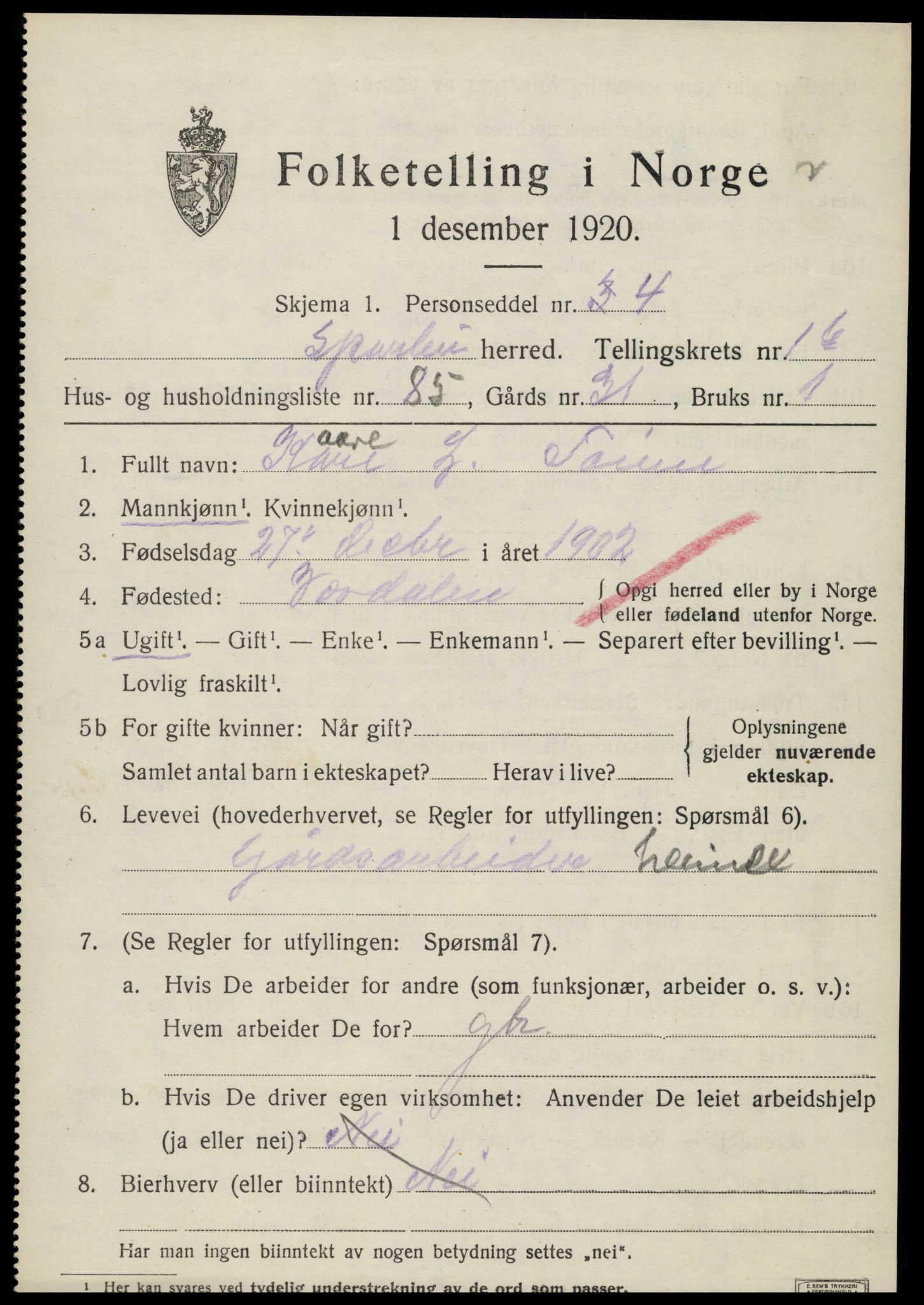 SAT, Folketelling 1920 for 1731 Sparbu herred, 1920, s. 3185