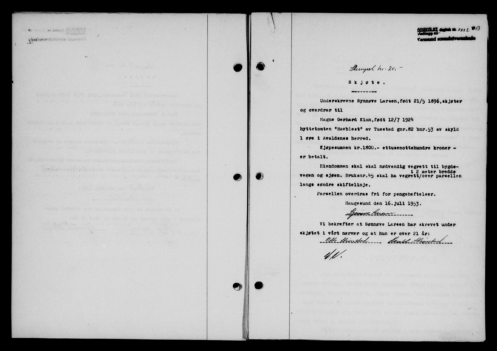 Karmsund sorenskriveri, SAST/A-100311/01/II/IIB/L0109: Pantebok nr. 89A, 1953-1953, Dagboknr: 2222/1953