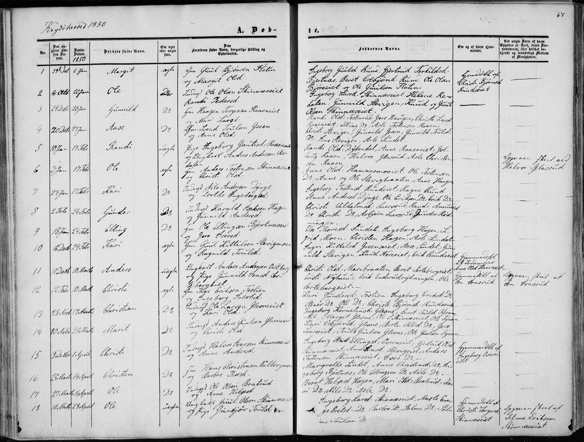 Sigdal kirkebøker, AV/SAKO-A-245/F/Fa/L0008: Ministerialbok nr. I 8, 1850-1859, s. 67