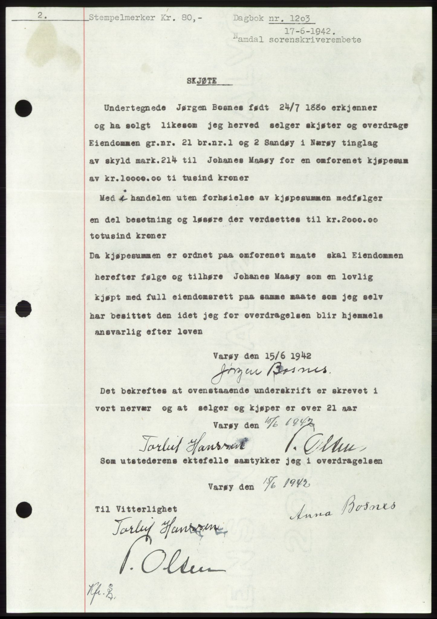 Namdal sorenskriveri, SAT/A-4133/1/2/2C: Pantebok nr. -, 1941-1942, Dagboknr: 1203/1942