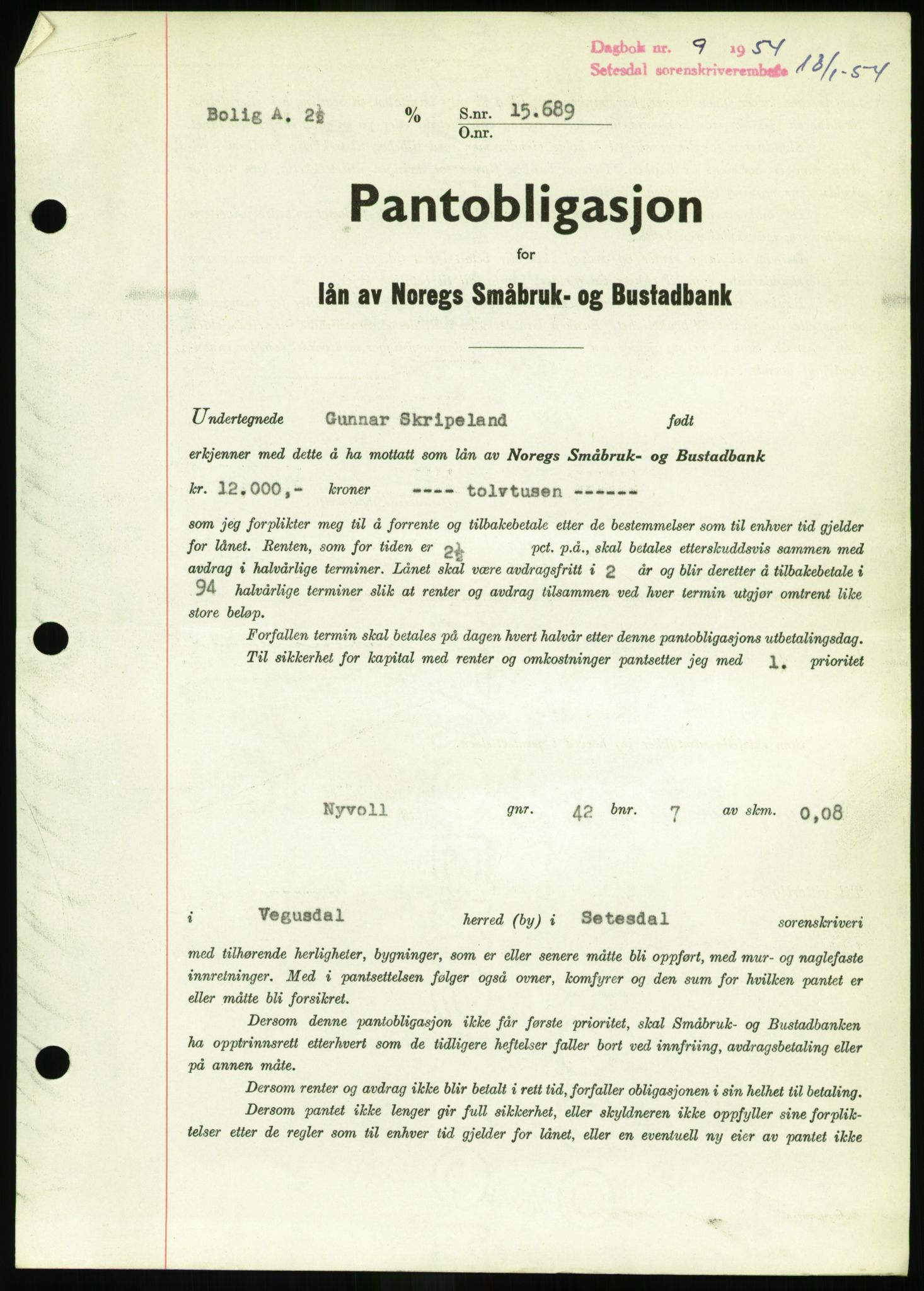 Setesdal sorenskriveri, SAK/1221-0011/G/Gb/L0052: Pantebok nr. B 40, 1954-1955, Dagboknr: 9/1954