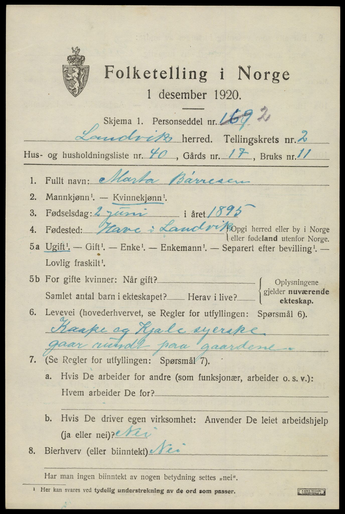 SAK, Folketelling 1920 for 0924 Landvik herred, 1920, s. 2104