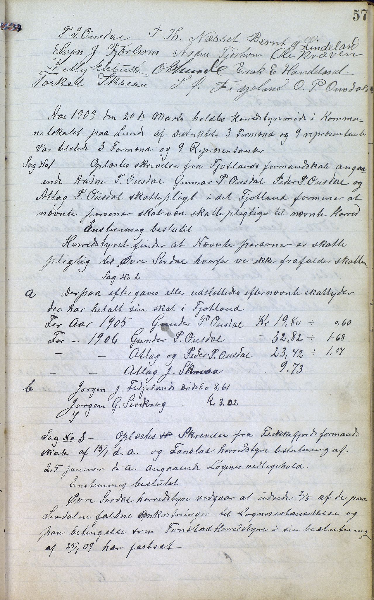 Øvre Sirdal kommune - Formannskapet/Kommunestyret, ARKSOR/1046ØS120/A/L0001: Møtebok (d), 1905-1917, s. 57