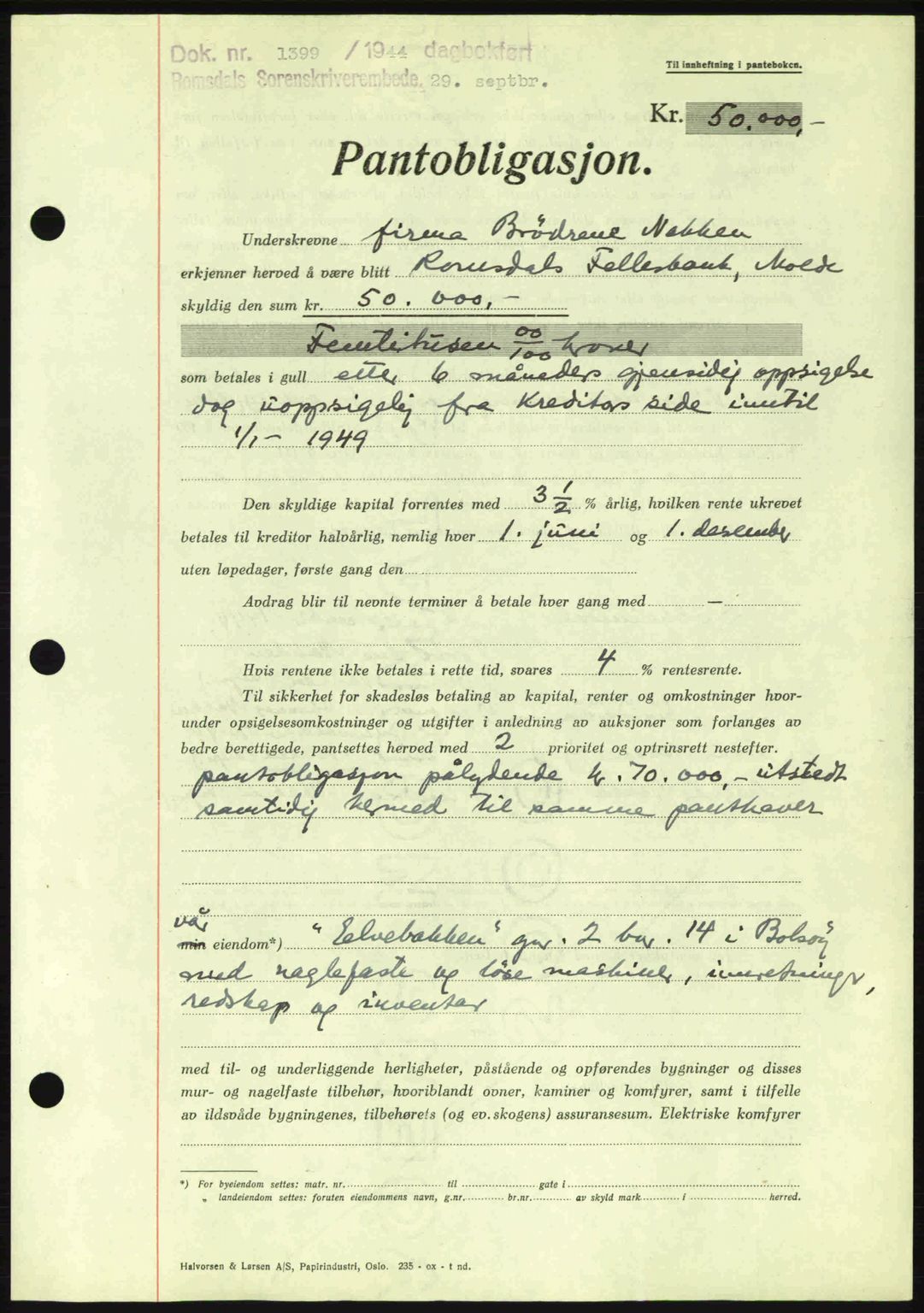 Romsdal sorenskriveri, SAT/A-4149/1/2/2C: Pantebok nr. B2, 1939-1945, Dagboknr: 1399/1944
