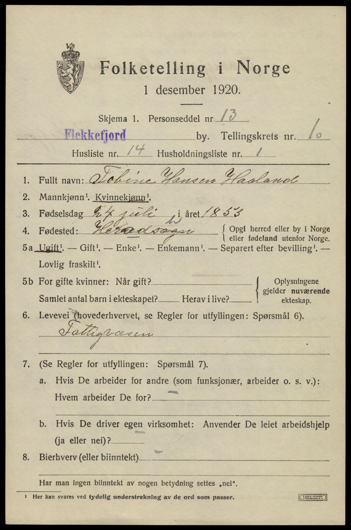 SAK, Folketelling 1920 for 1004 Flekkefjord kjøpstad, 1920, s. 2020