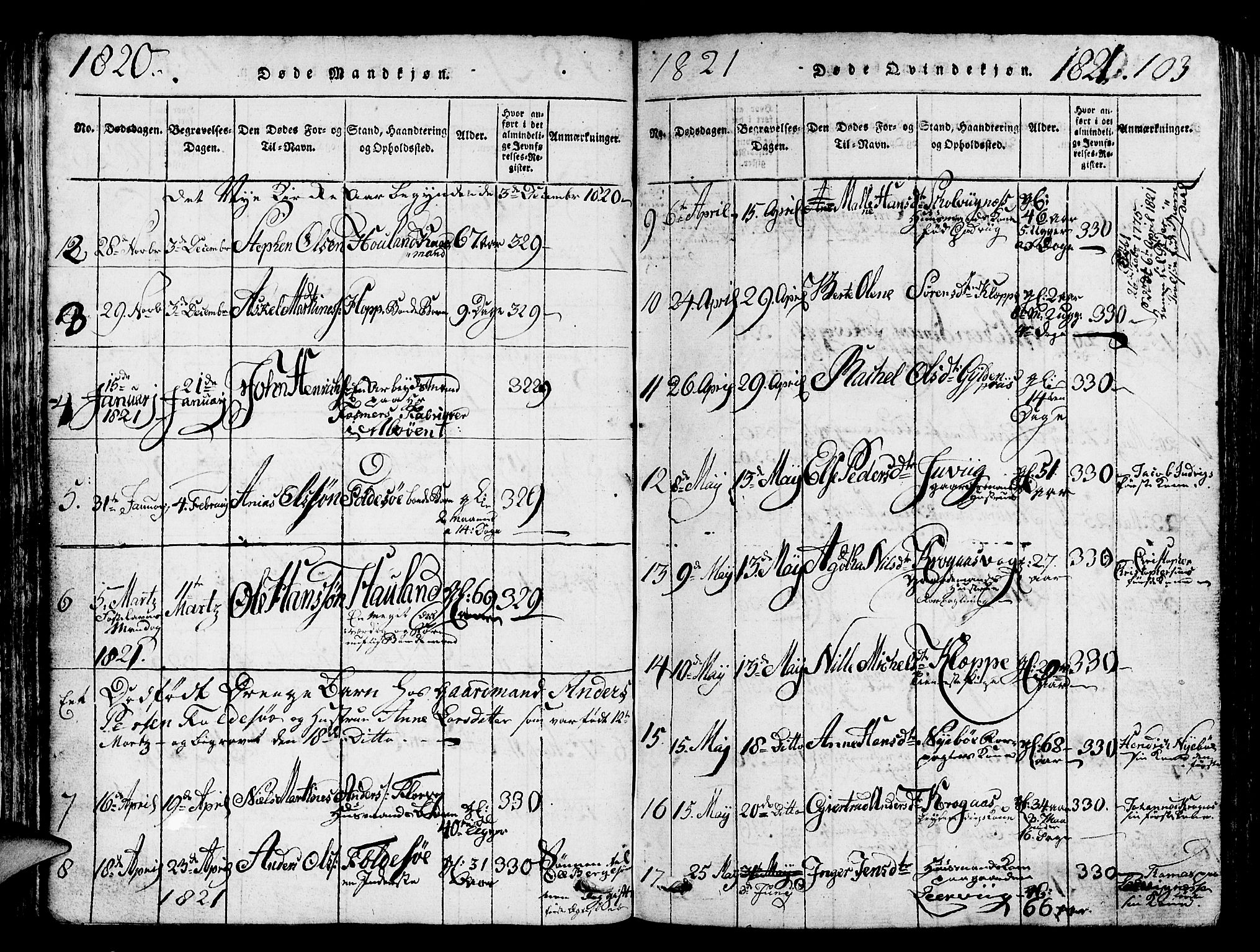 Askøy Sokneprestembete, AV/SAB-A-74101/H/Ha/Hab/Haba/L0002: Klokkerbok nr. A 2, 1815-1846, s. 103