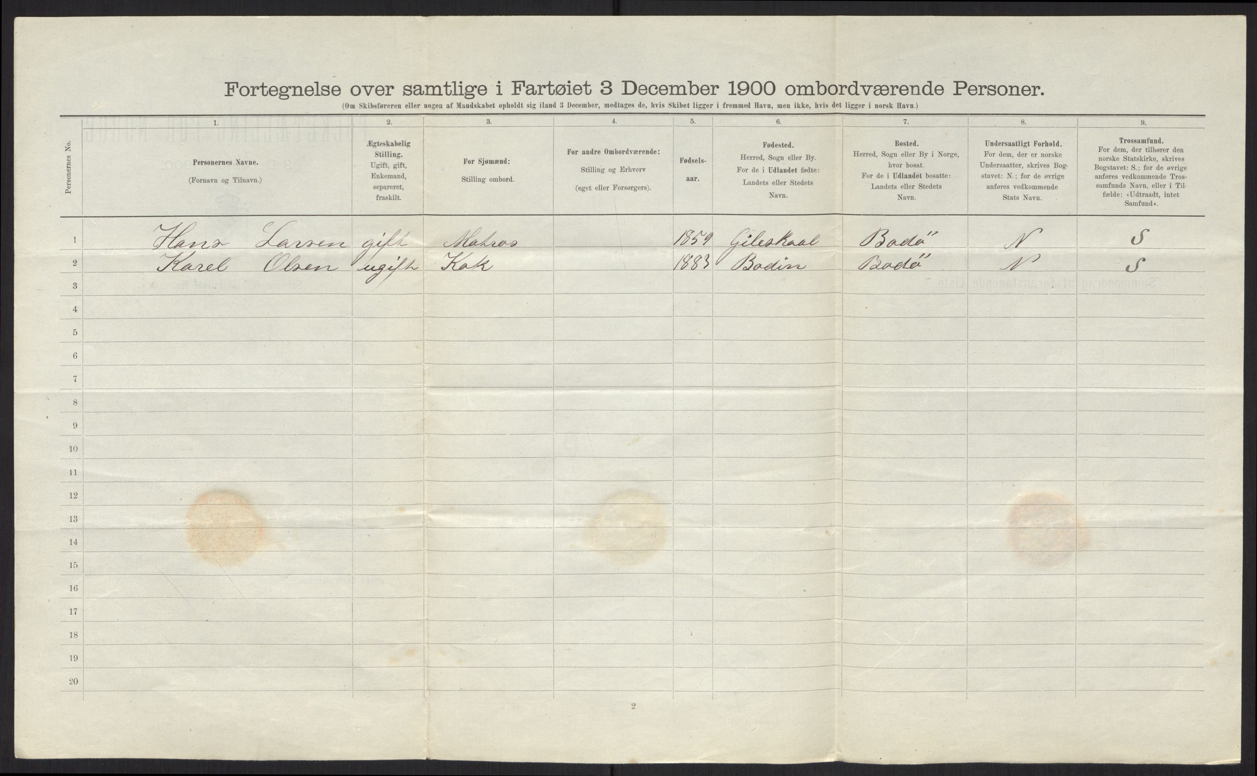 RA, Folketelling 1900 - skipslister med personlister for skip i norske havner, utenlandske havner og til havs, 1900, s. 2612